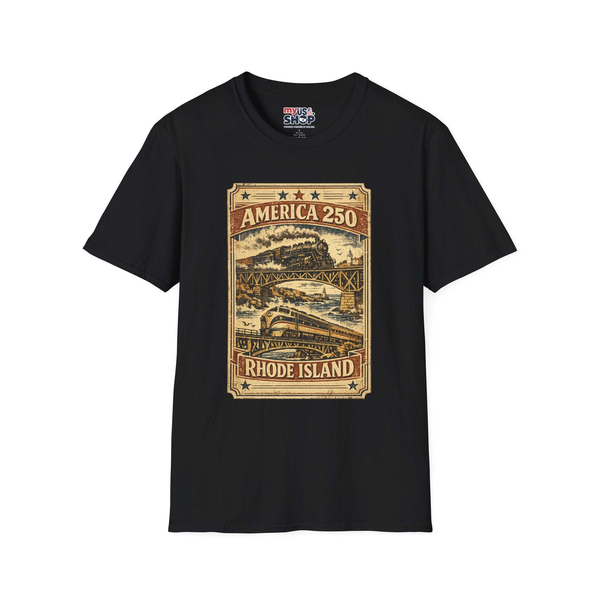 America 250 Rhode Island Train Heritage T-Shirt — Vintage Railroad Graphic Tee