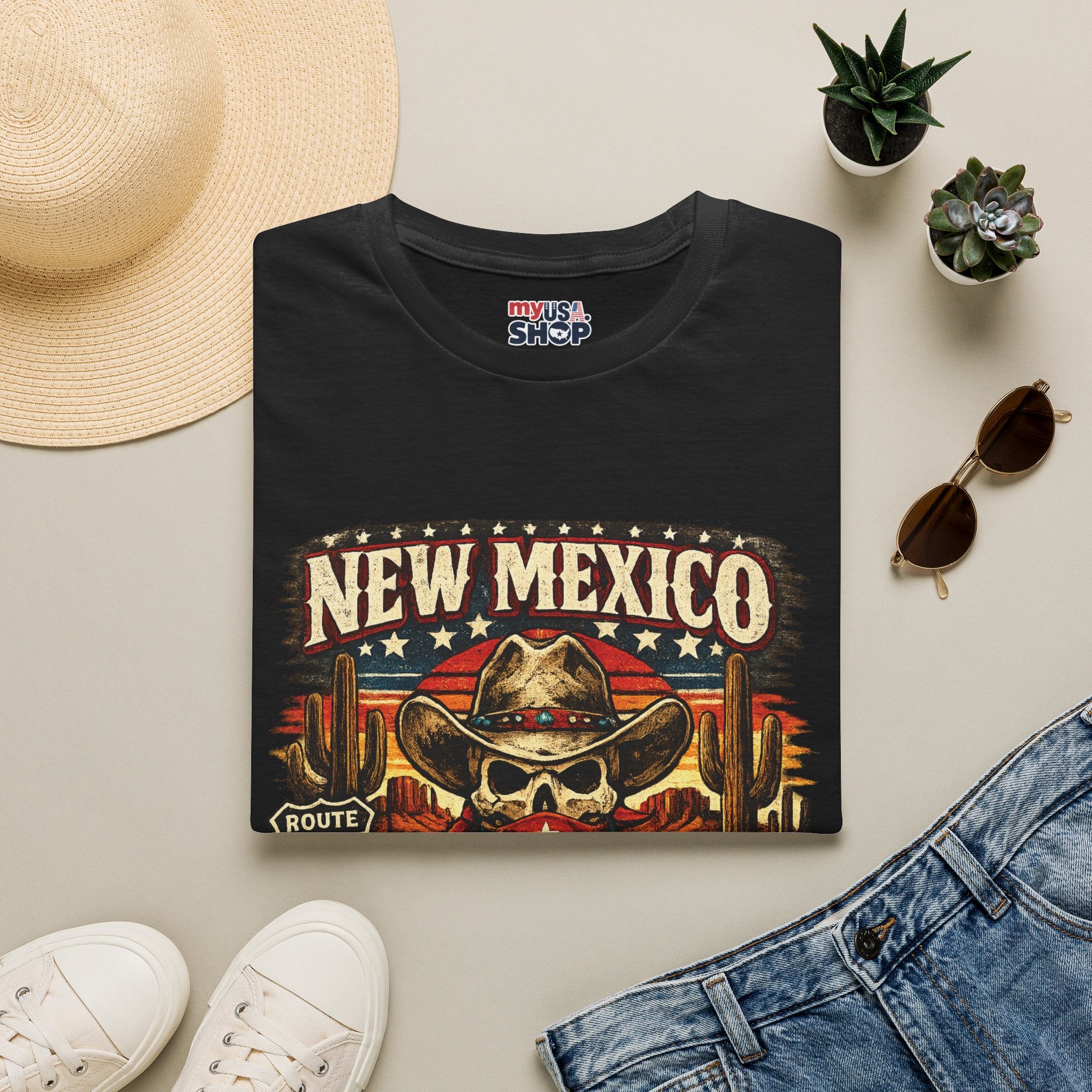 America 250 x New Mexico Skull Cowboy — Vintage Route 66 Desert