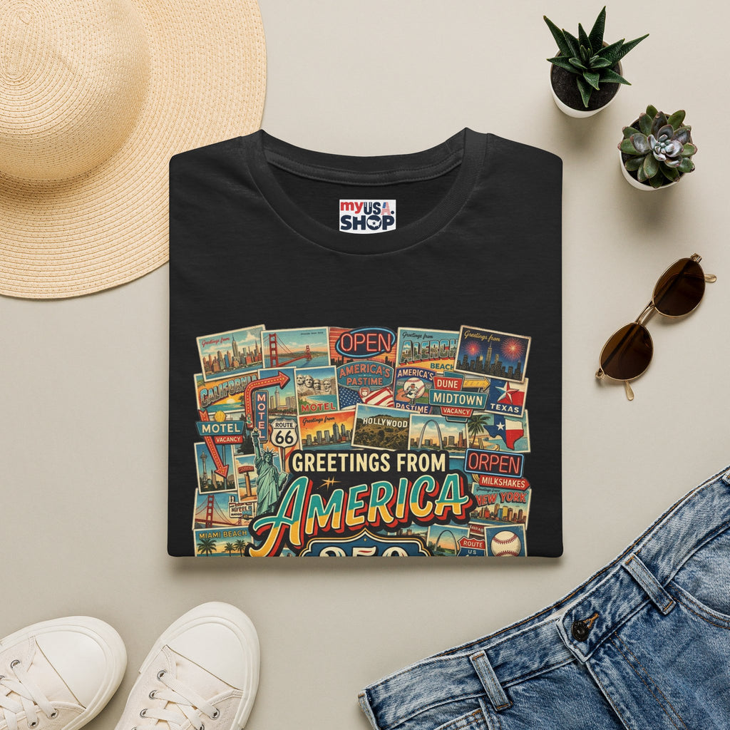 Greetings From America 250 Vintage Postcard T-Shirt Pop Culture