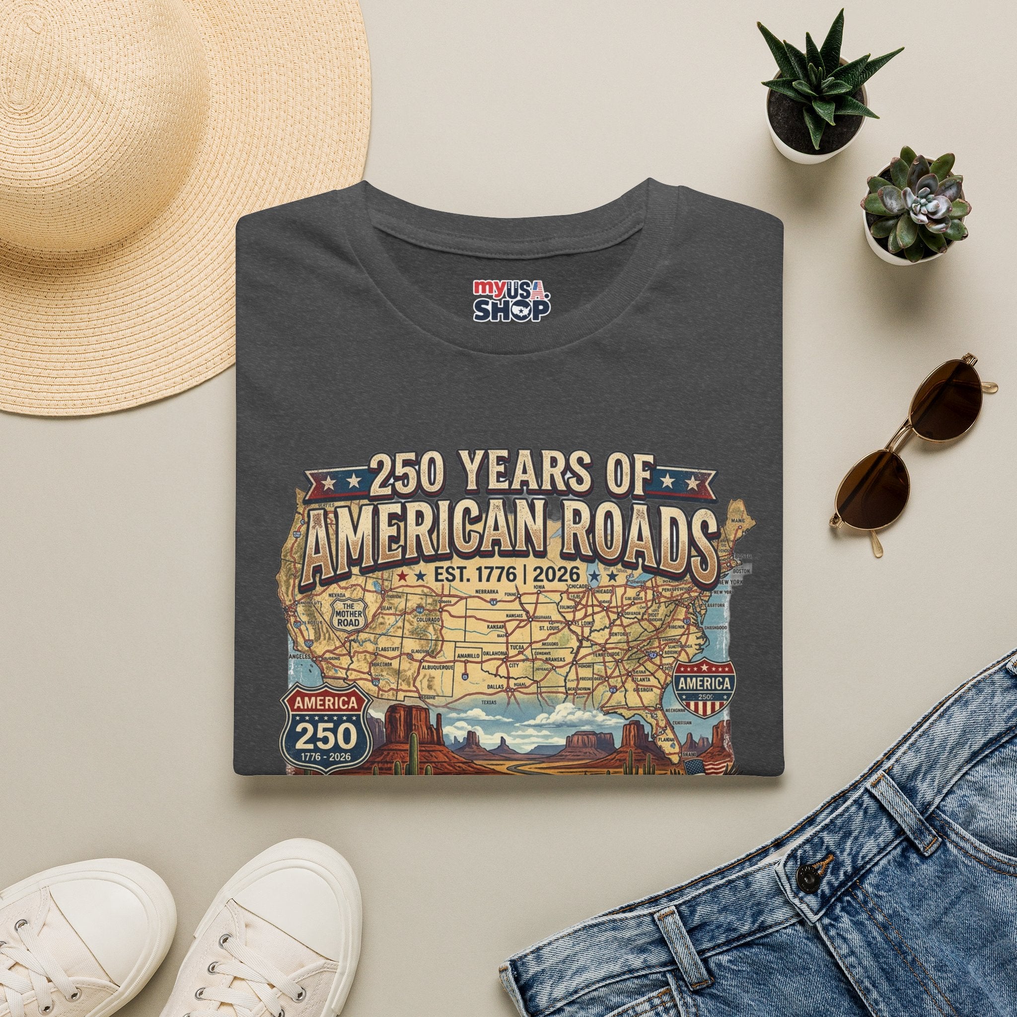250 Years of American Roads T‑Shirt — Vintage USA Roadmap & Route 66 Travel Tee America 250 Pop Culture
