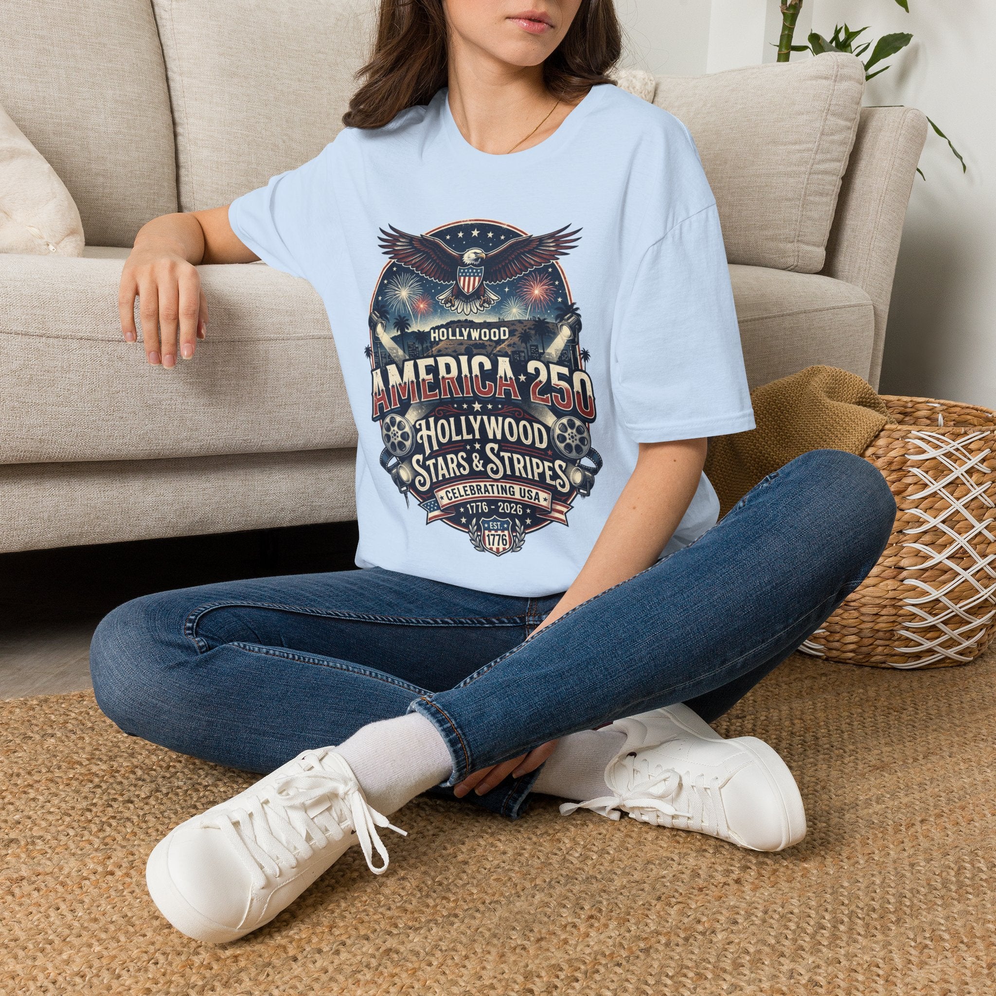 America 250 Graphic T-Shirt — Hollywood Stars & Stripes Eagle Design
