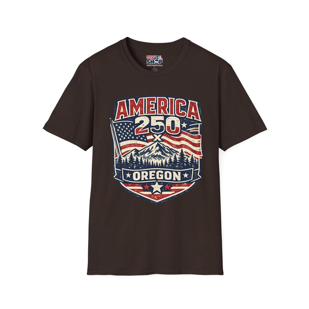 America 250 Oregon Shirt — Patriotic Mountain Flag Badge Tee