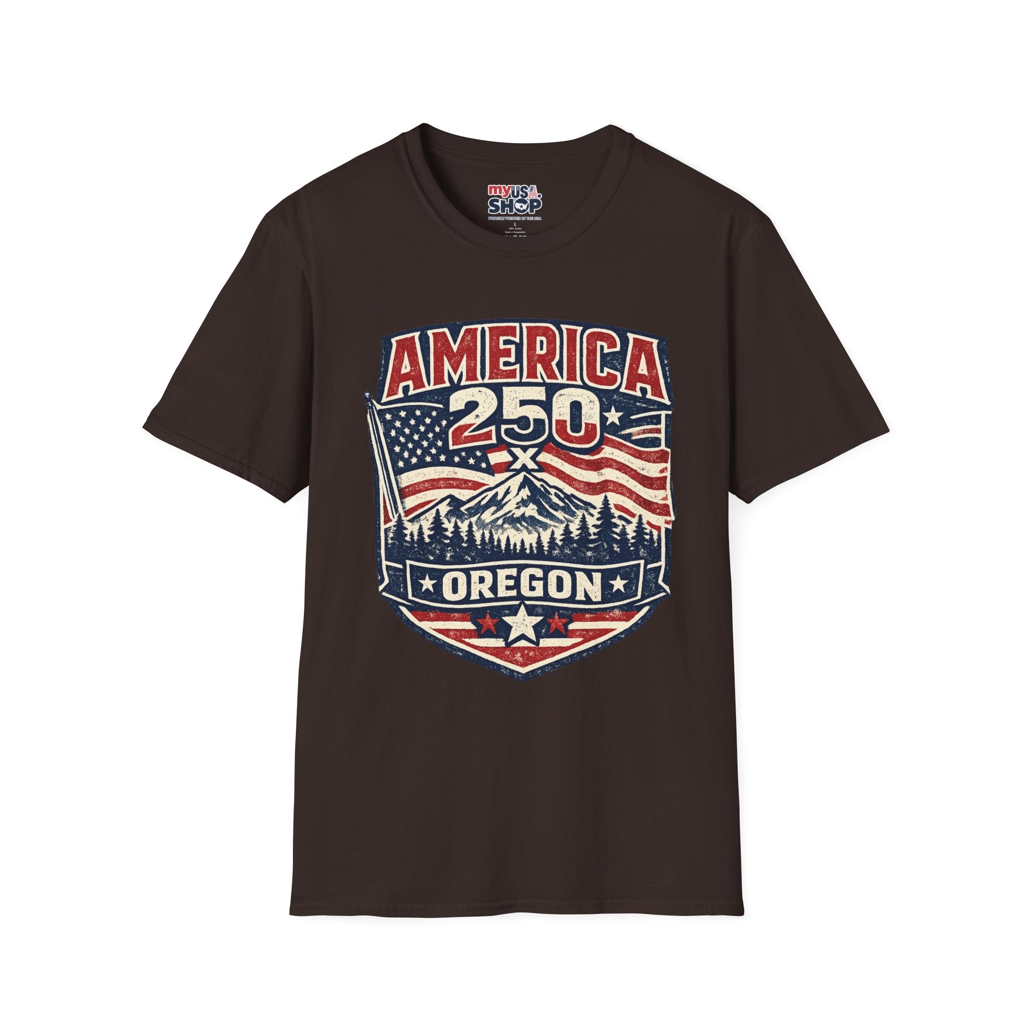 America 250 Oregon Shirt — Patriotic Mountain Flag Badge Tee