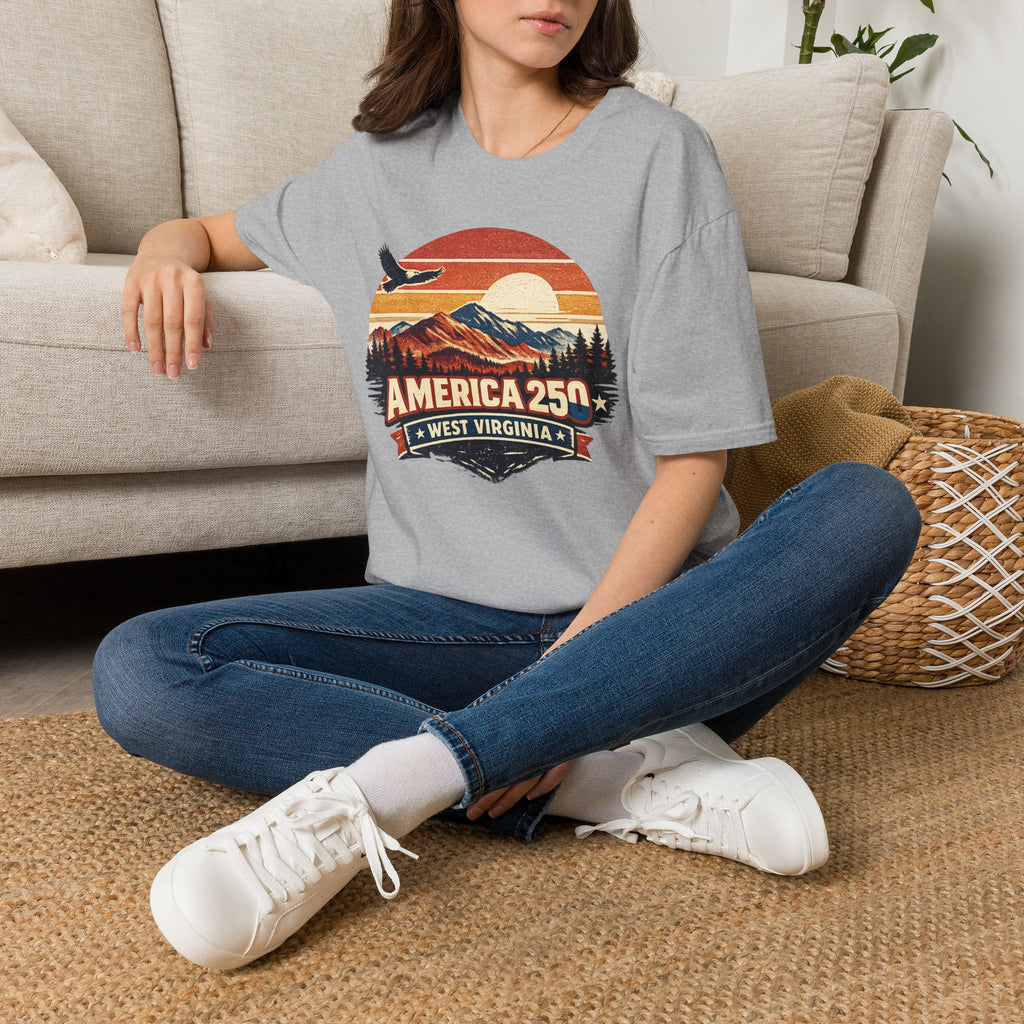 America 250 Retro Sunrise T-Shirt — West Virginia Scenic Eagle Design