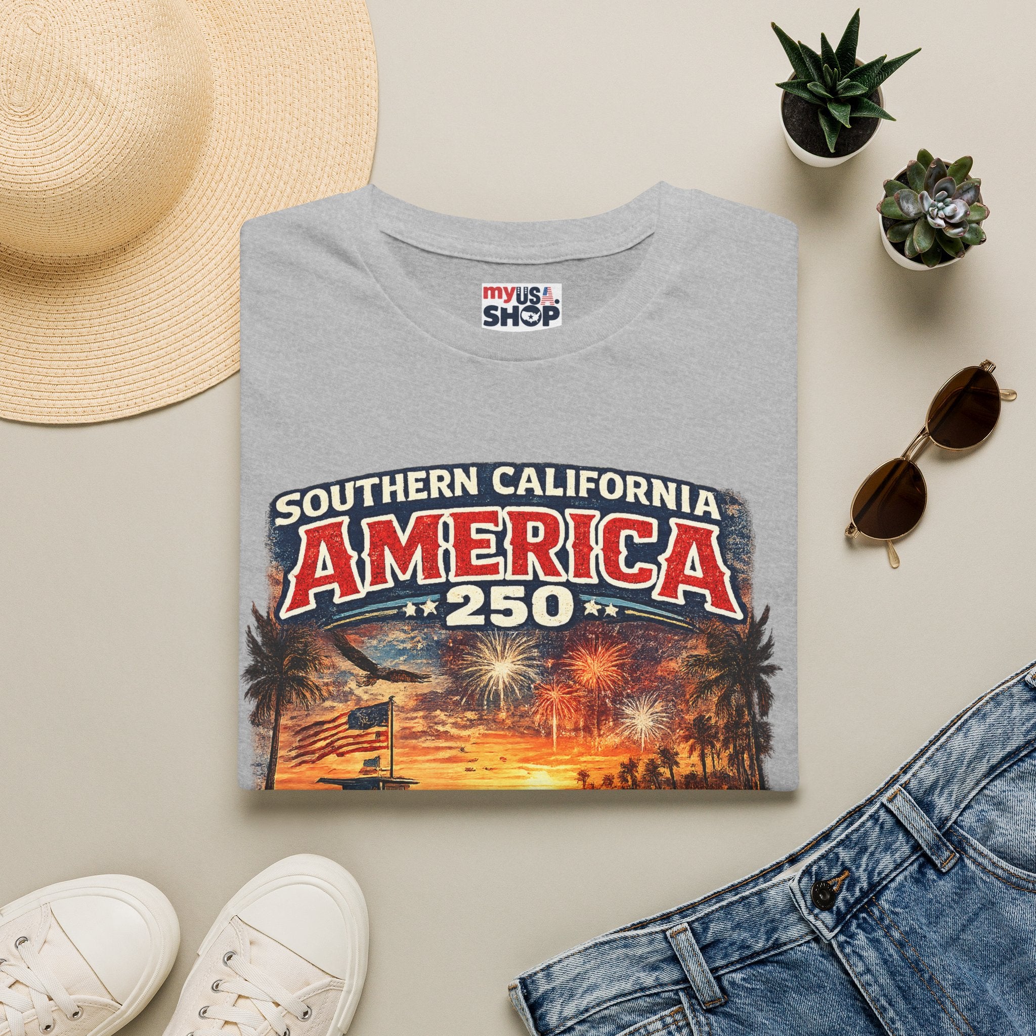 America 250 Southern California Sunset T-Shirt — Patriotic 4th of July Beach Vintage Tee