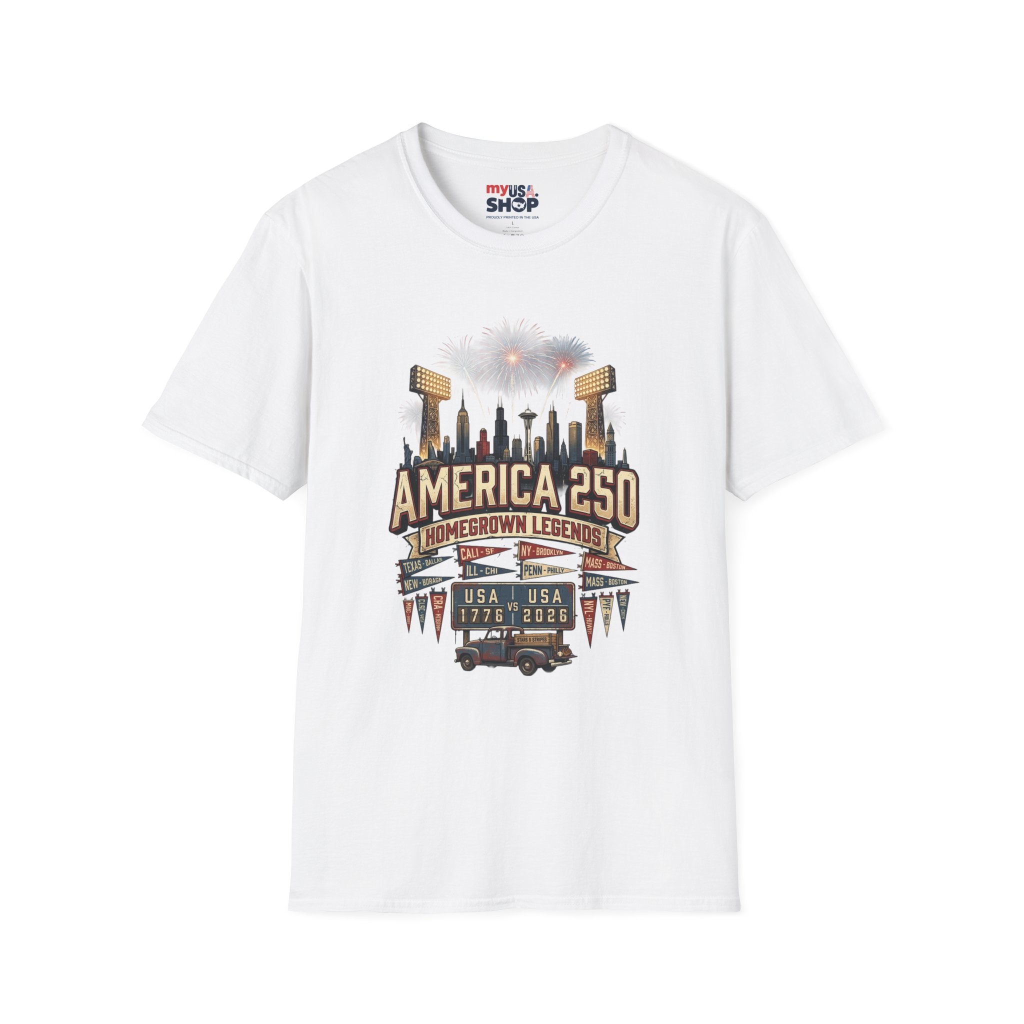 America 250 Celebration T‑Shirt — Hometown Legends Fireworks Skyline Pop Culture