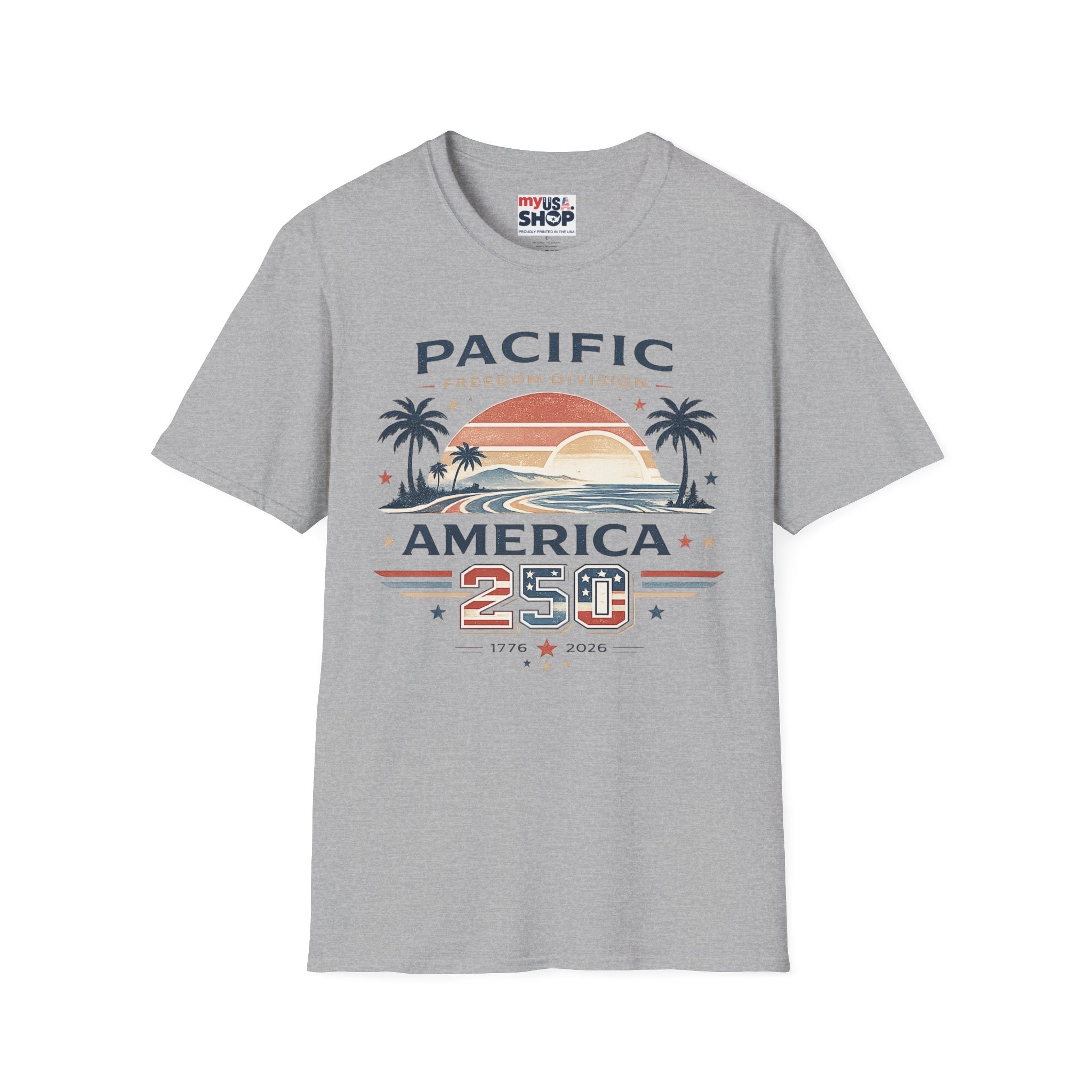 America 250 Pacific Sunset T-Shirt — Vintage Coastal Palm Beach Graphic