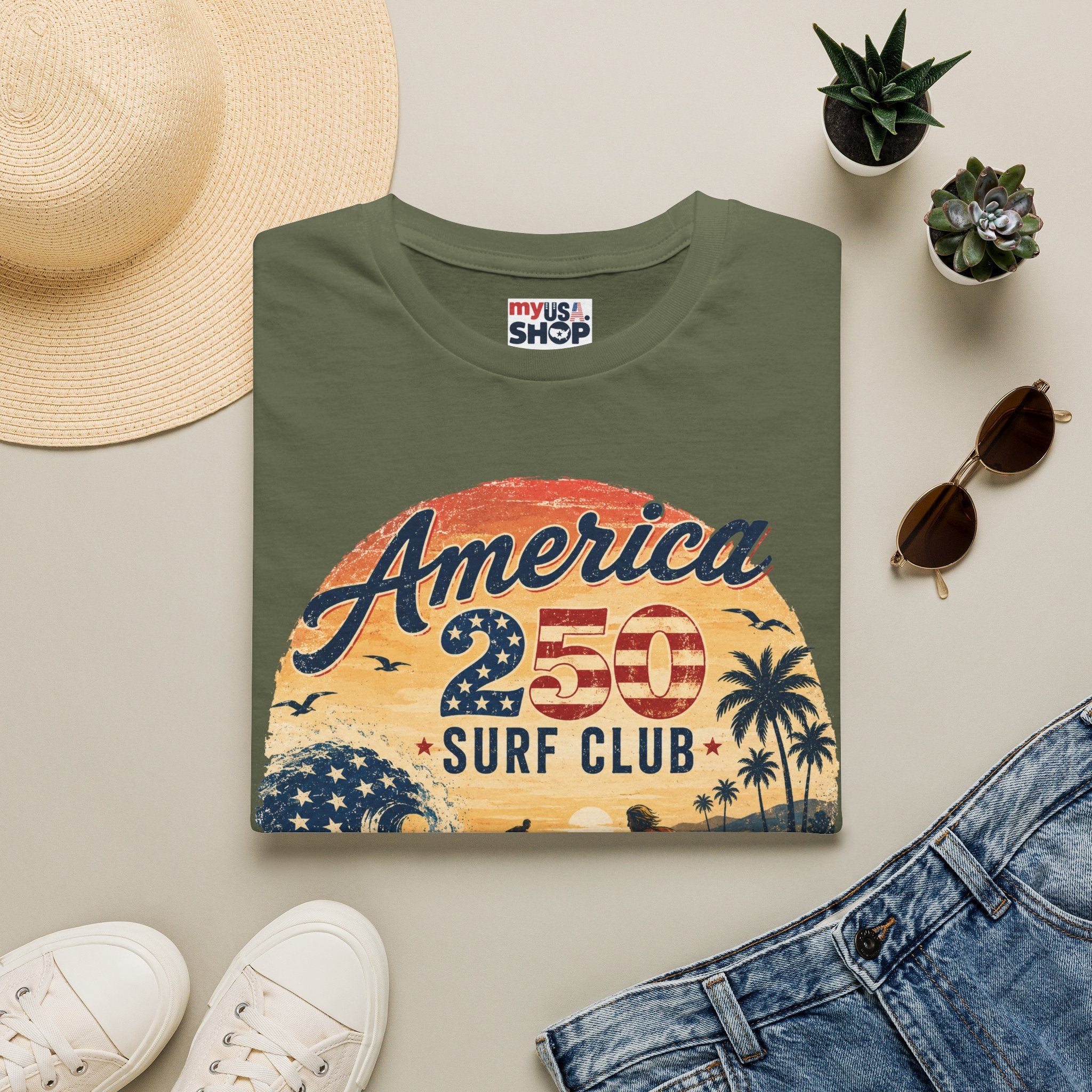 America 250 Surf Club T-Shirt — Patriotic California Surf Vintage Tee