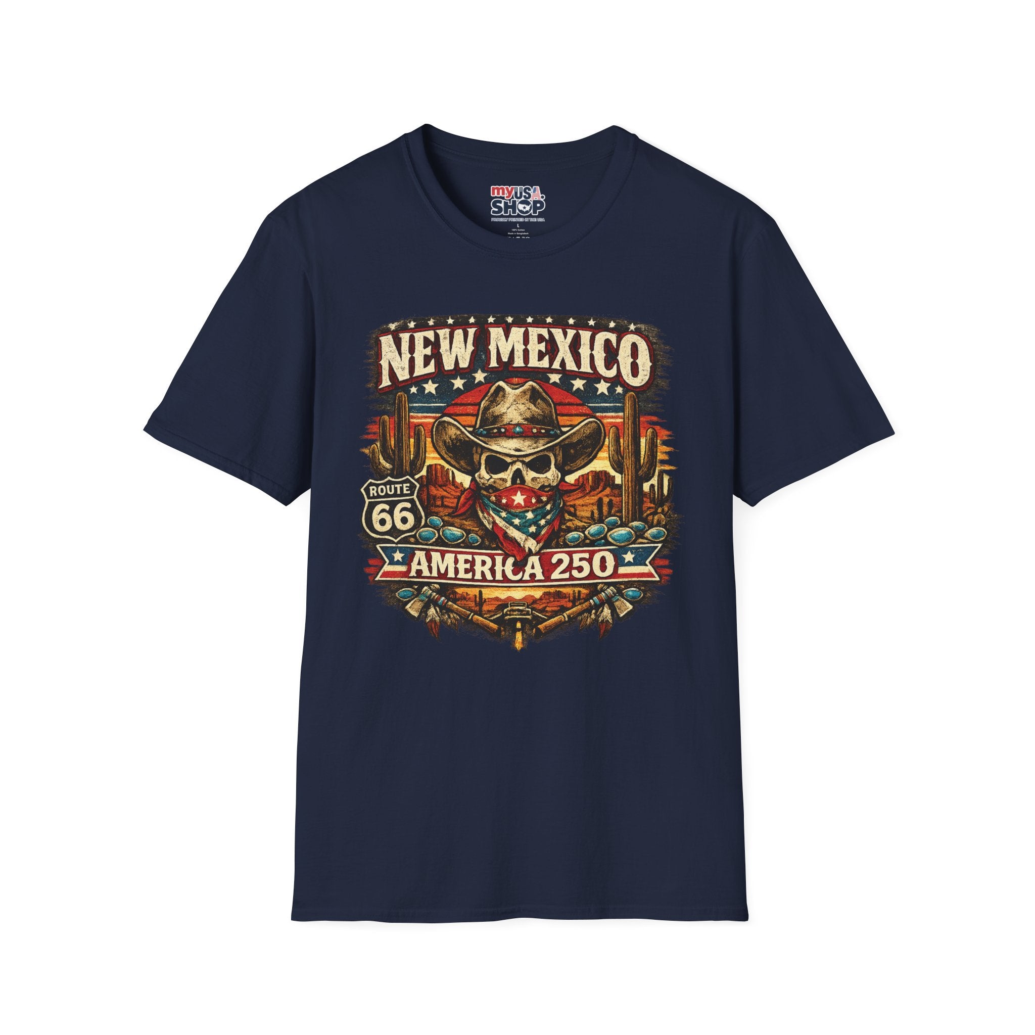 America 250 New Mexico Skull Cowboy T-Shirt — Route 66 Americana Desert Tee