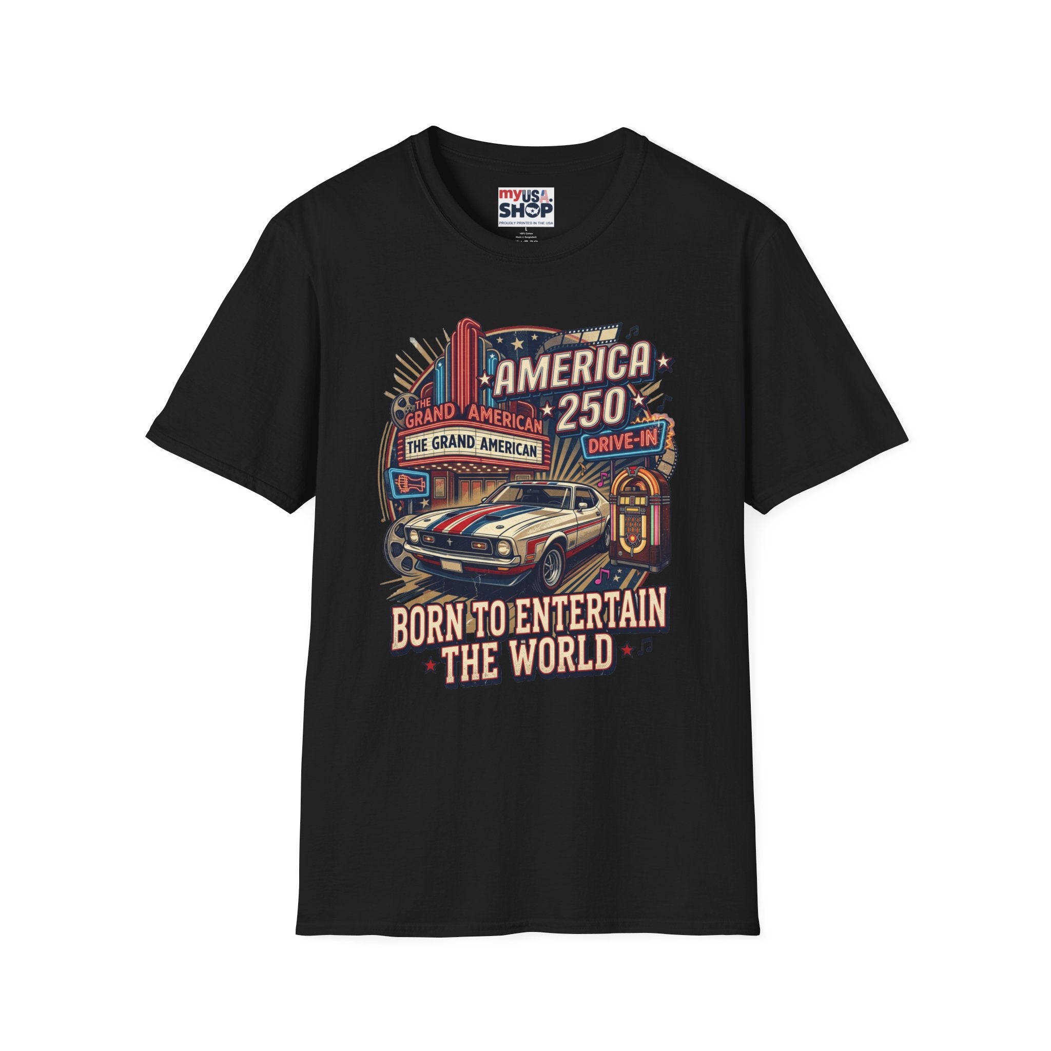 America 250 Vintage Drive-In Car T-Shirt — "Born to Entertain the World" Pop Culture