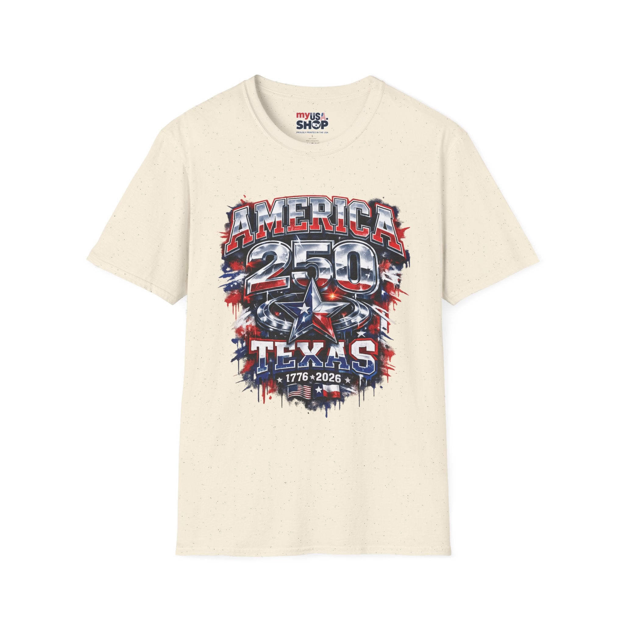 America 250 Texas Shirt — Patriotic Chrome Star Graphic Tee