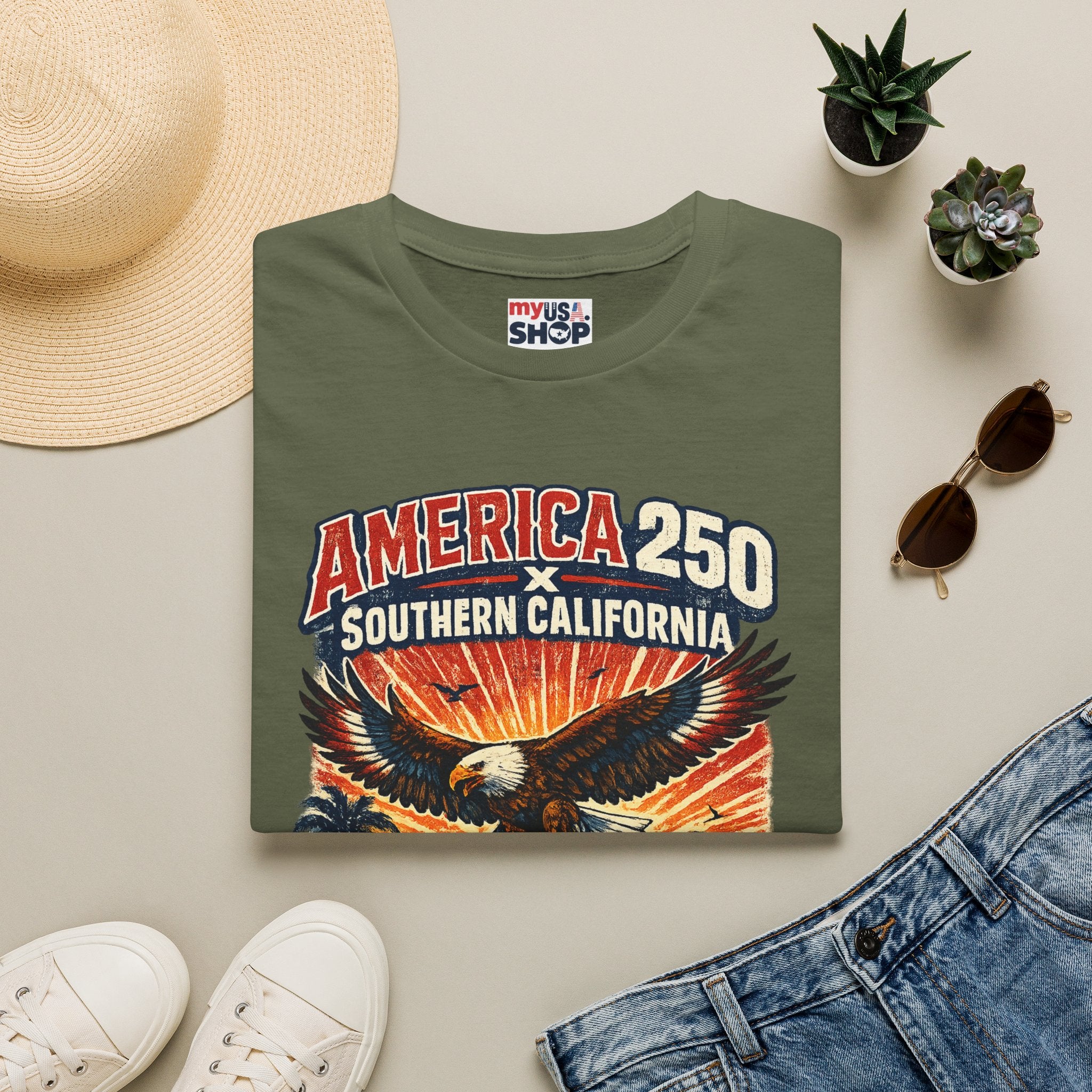 America 250 Southern California Graphic T-Shirt — Eagle, Sunset & Beach Vintage Design