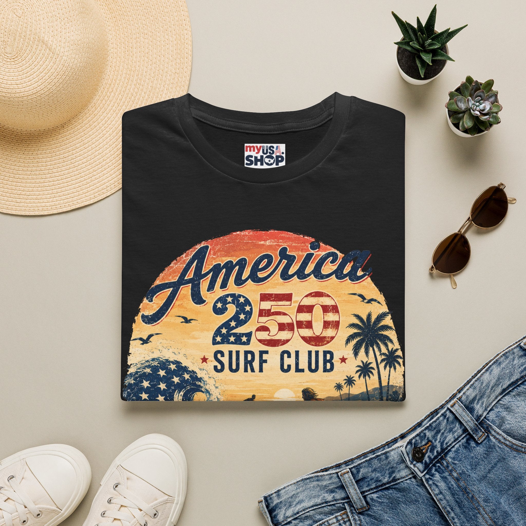 America 250 Surf Club T-Shirt — Patriotic California Surf Vintage Tee