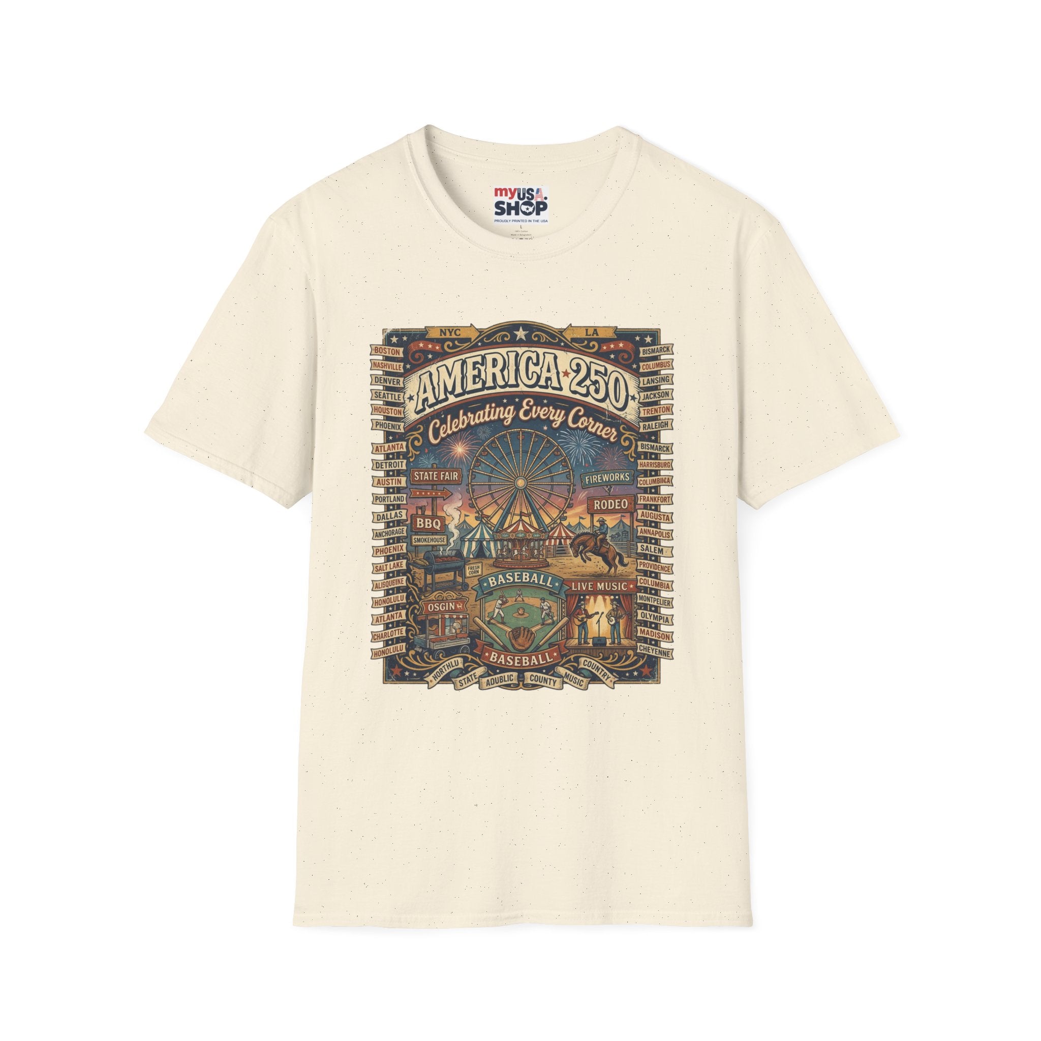 America 250 Celebration T-Shirt — Vintage Fair Ferris Wheel Patriotic Tee Pop Culture