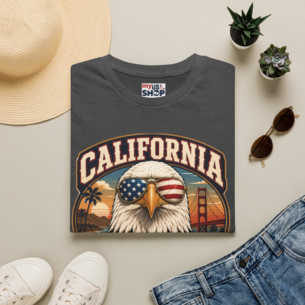 America 250 California Eagle Club T-Shirt — Patriotic Vintage Bald Eagle & Golden Gate Tee