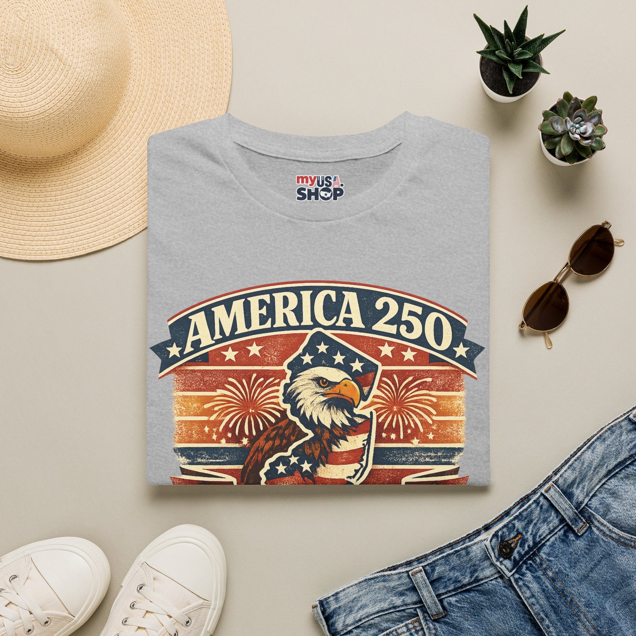 America 250 New Jersey T‑Shirt — Patriotic Bald Eagle & Fireworks Tee