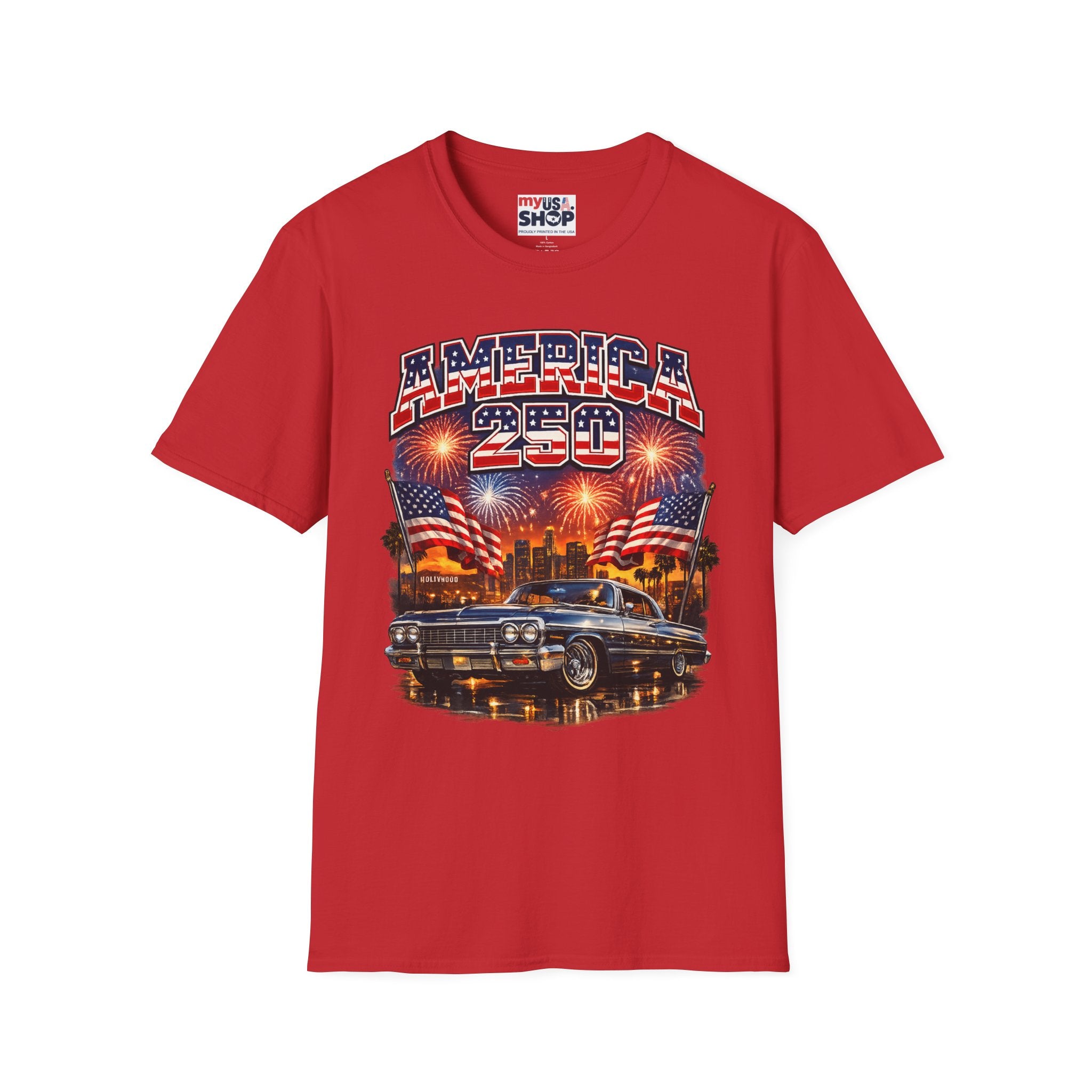 America 250 T-Shirt — Patriotic Fireworks Classic Car Tee for Independence Day