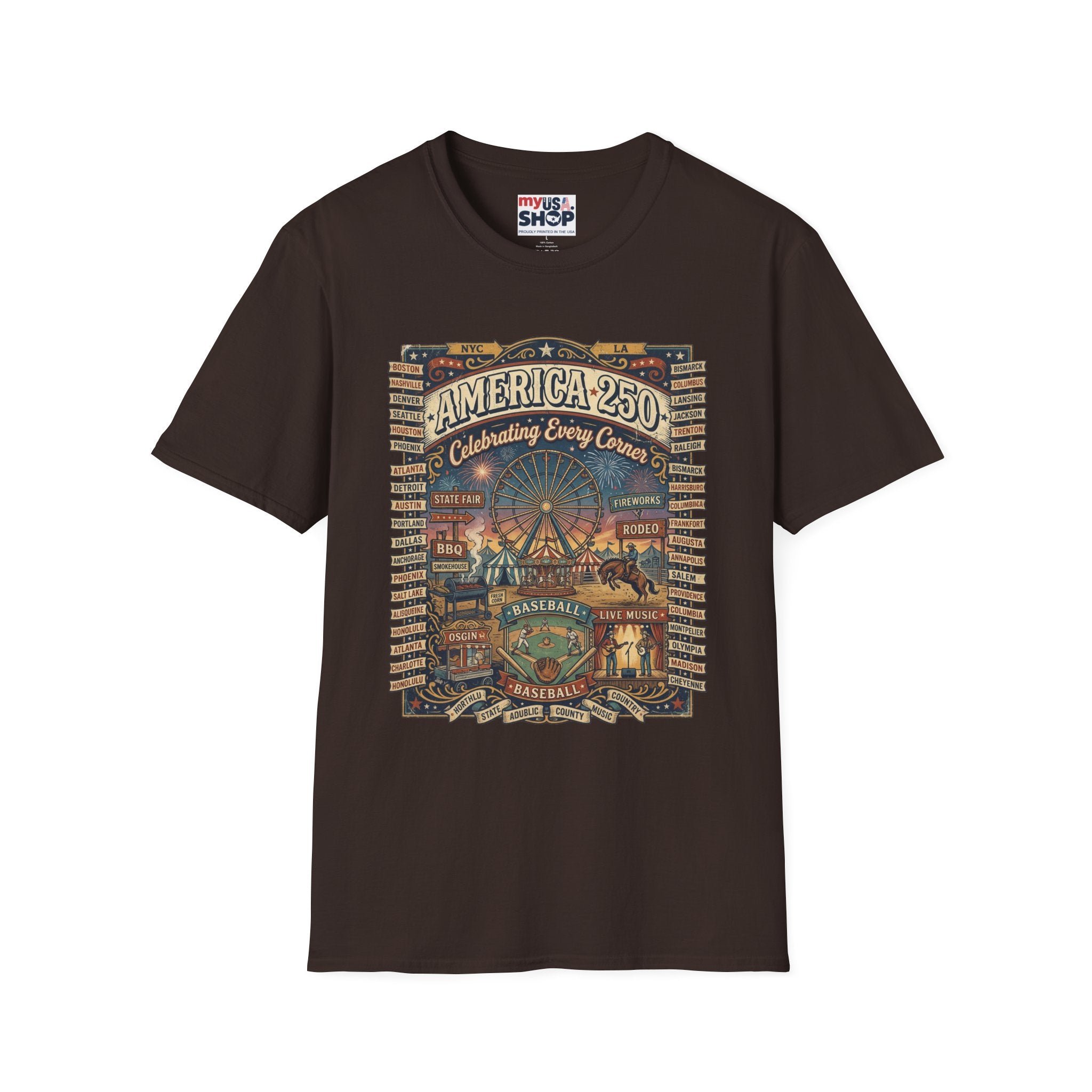 America 250 Celebration T-Shirt — Vintage Fair Ferris Wheel Patriotic Tee Pop Culture