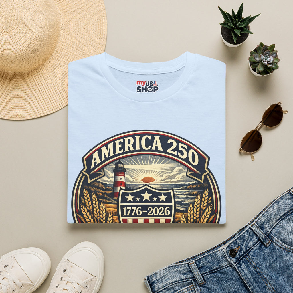 America 250 Commemorative T-Shirt – Wisconsin History Lighthouse Vintage Badge