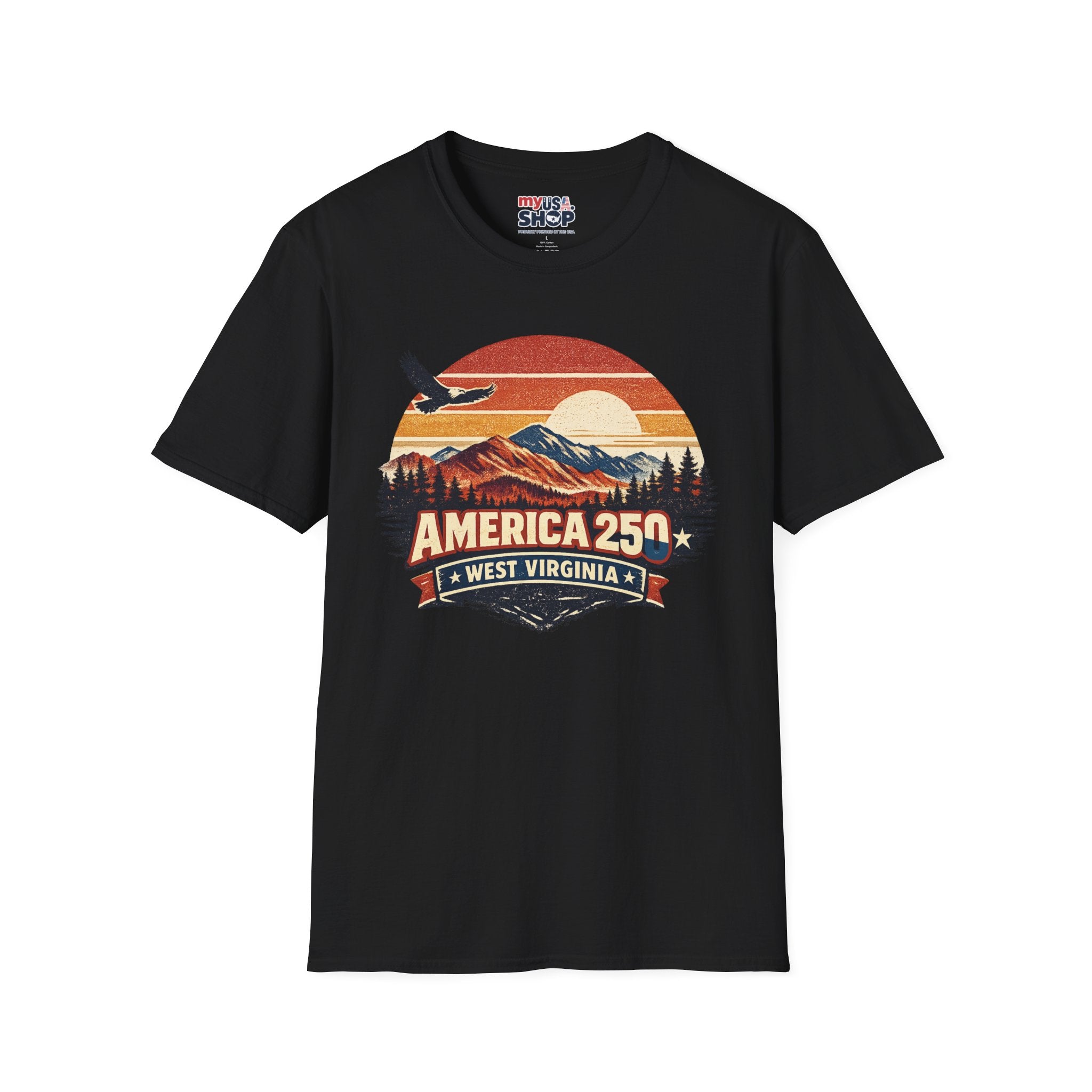 America 250 Retro Sunrise T-Shirt — West Virginia Scenic Eagle Design