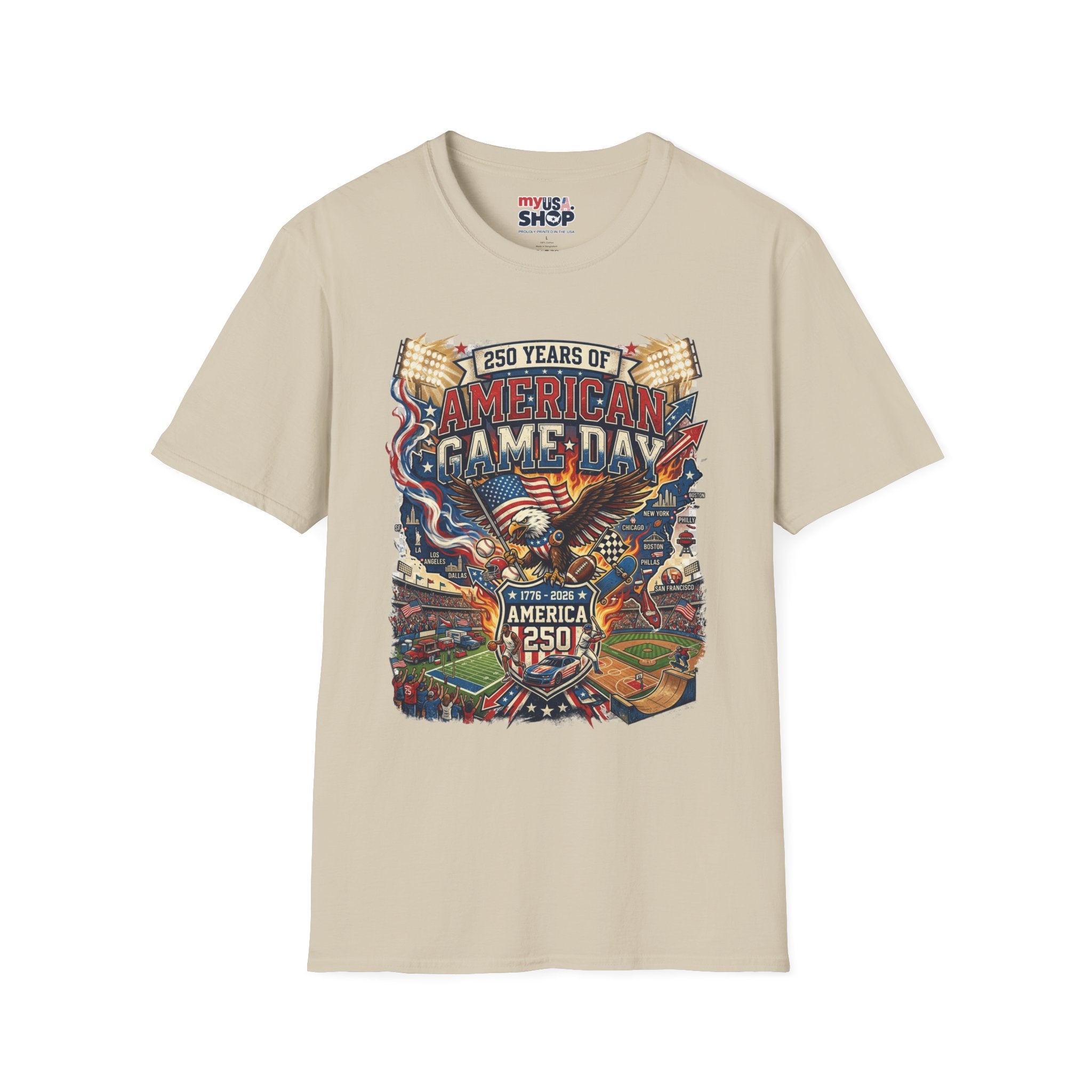 American Game Day T-Shirt — 250 Years USA Football & Baseball Celebration Pop Culture