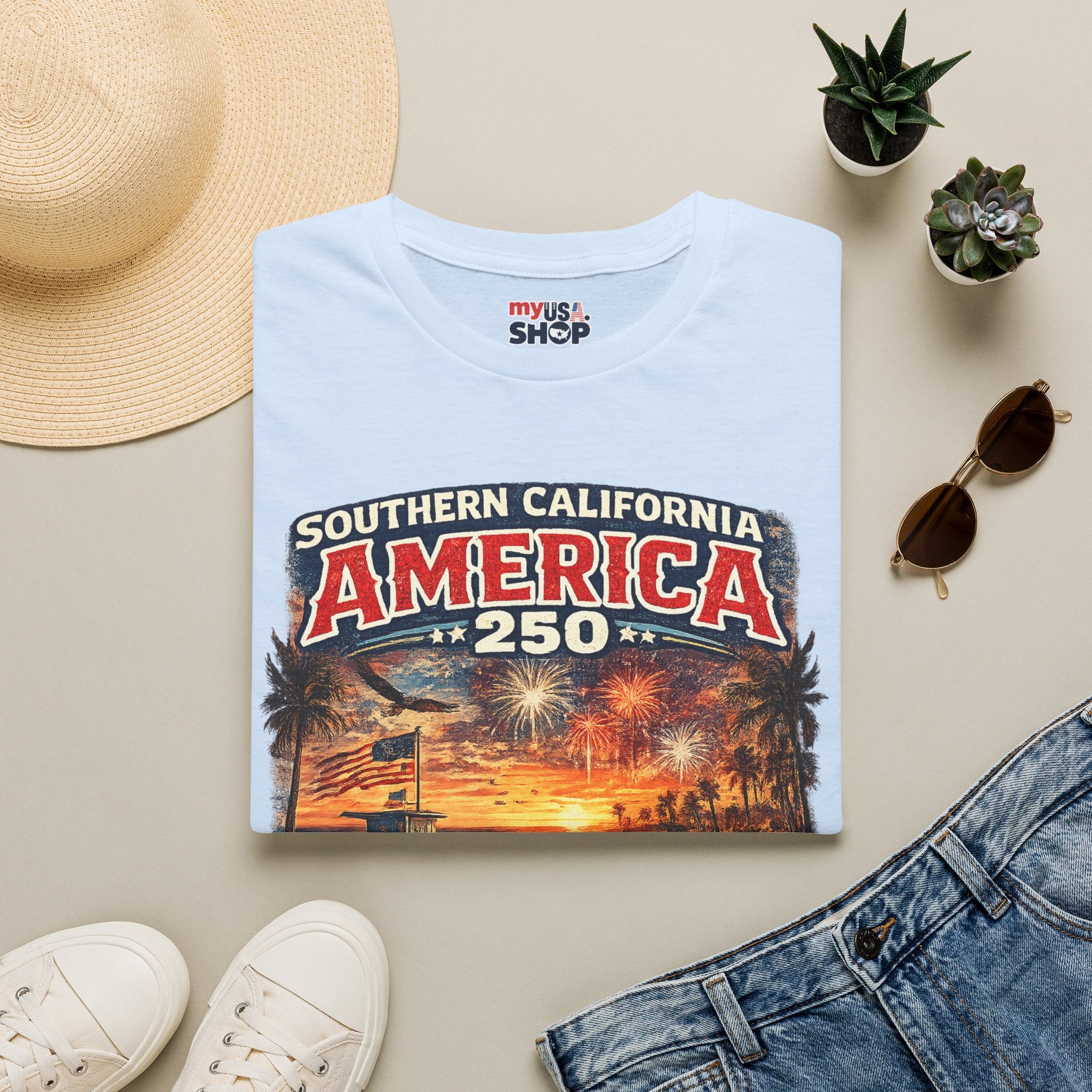America 250 Southern California Sunset T-Shirt — Patriotic 4th of July Beach Vintage Tee