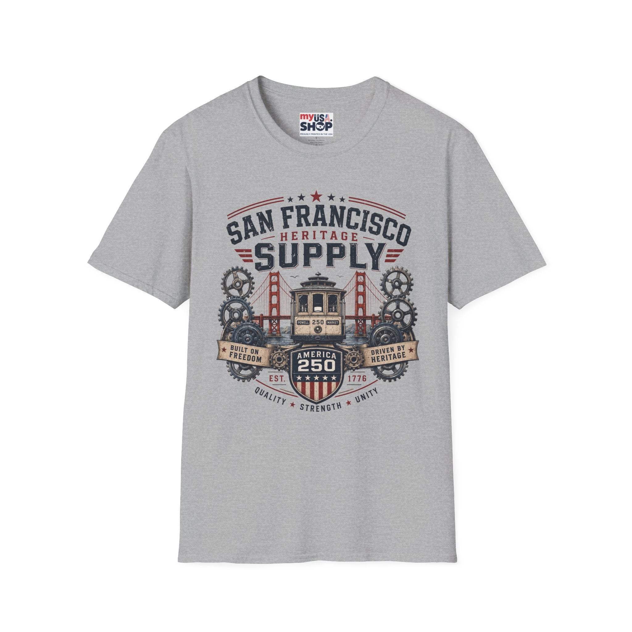 San Francisco Heritage Supply T-Shirt — Vintage Cable Car & Golden Gate Graphic