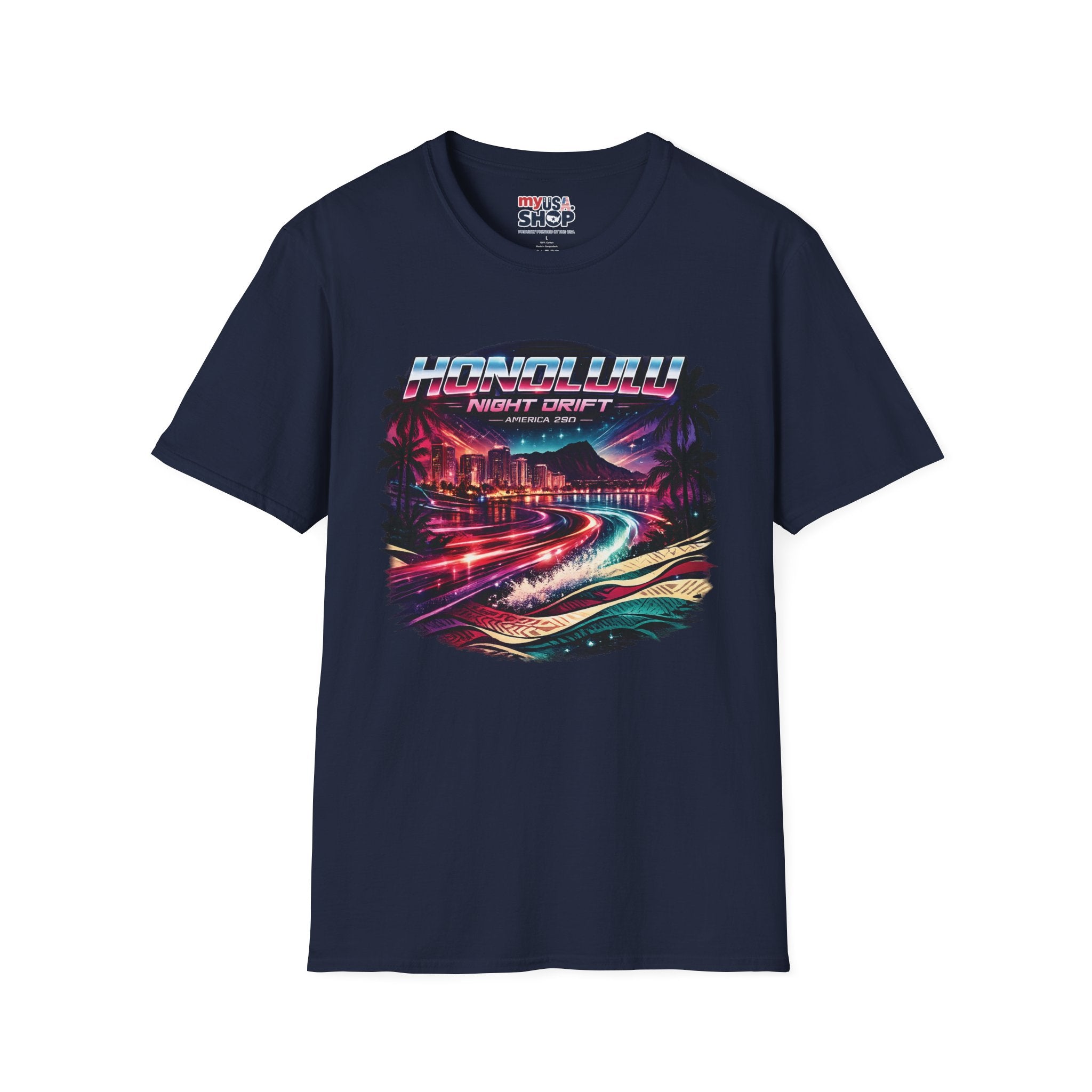 America 250 Honolulu Night Drift T-Shirt — Retro Neon Hawaii Surf & Cityscape Tee