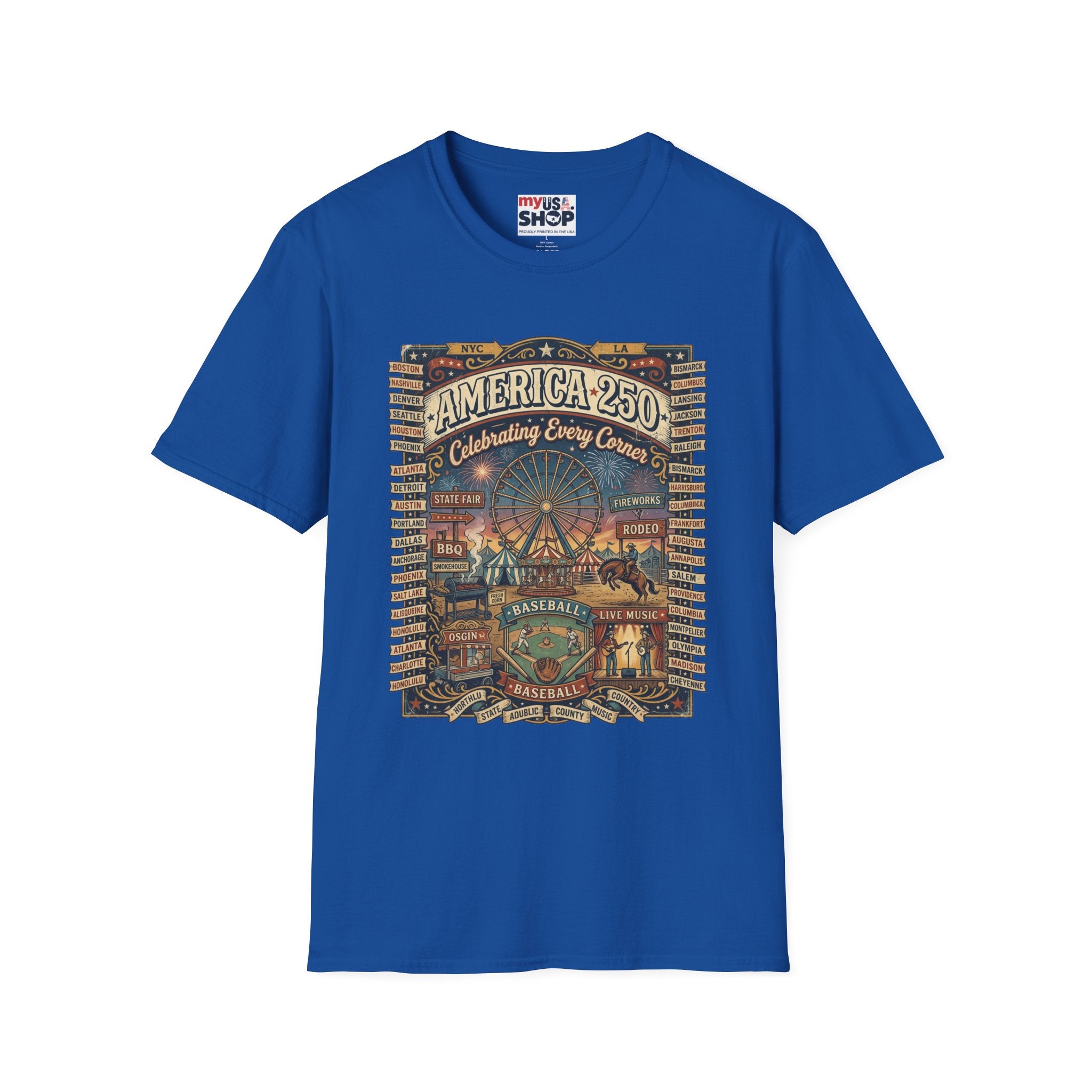 America 250 Celebration T-Shirt — Vintage Fair Ferris Wheel Patriotic Tee Pop Culture