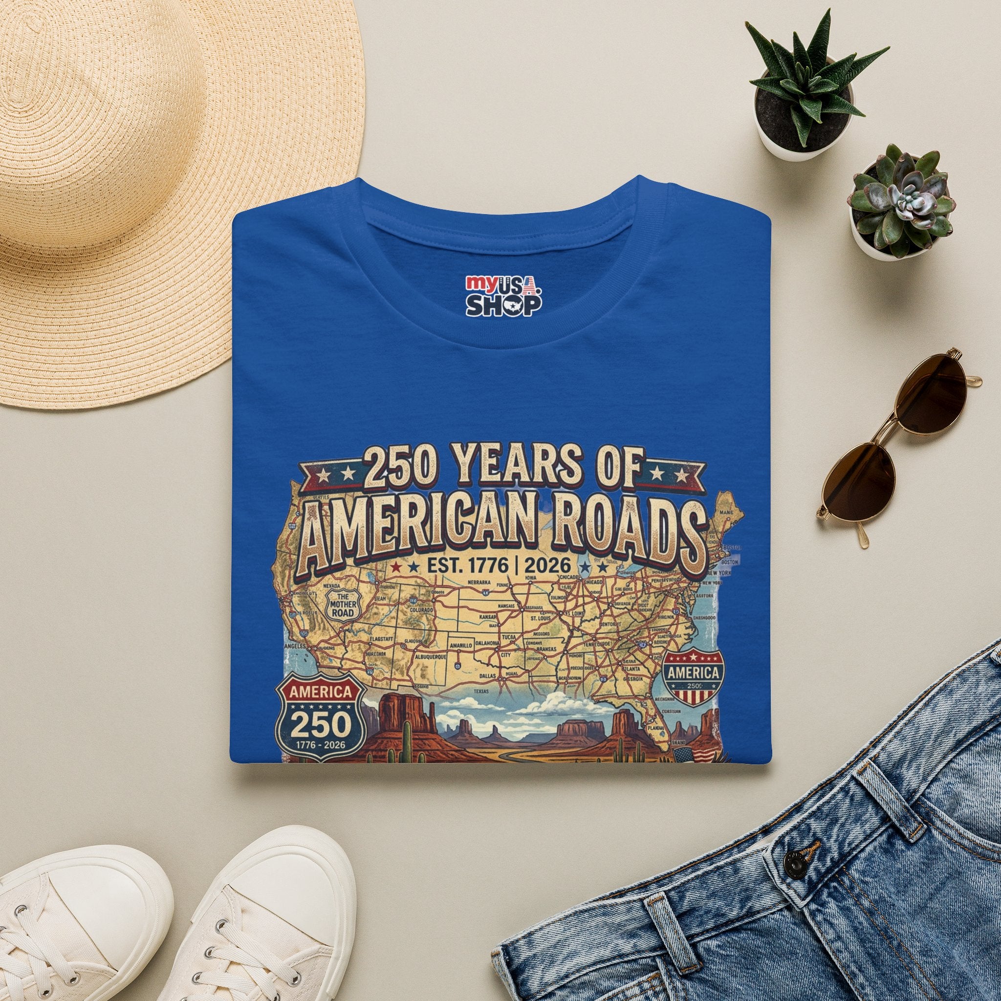250 Years of American Roads T‑Shirt — Vintage USA Roadmap & Route 66 Travel Tee America 250 Pop Culture
