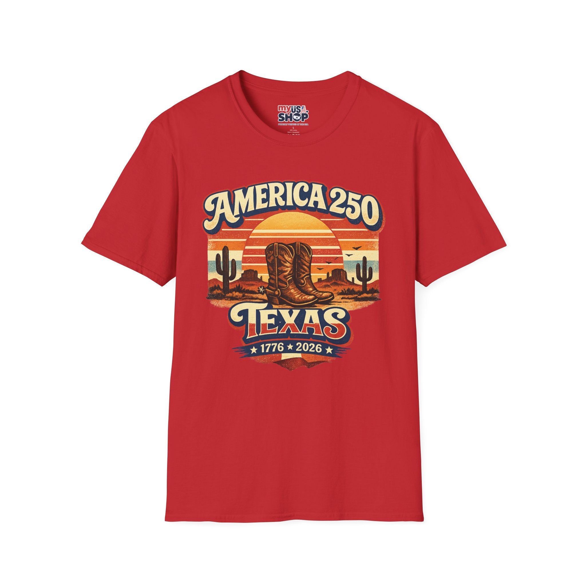 America 250 Texas T-Shirt — 1776–2026 Retro Cowboy Boots Sunset Design