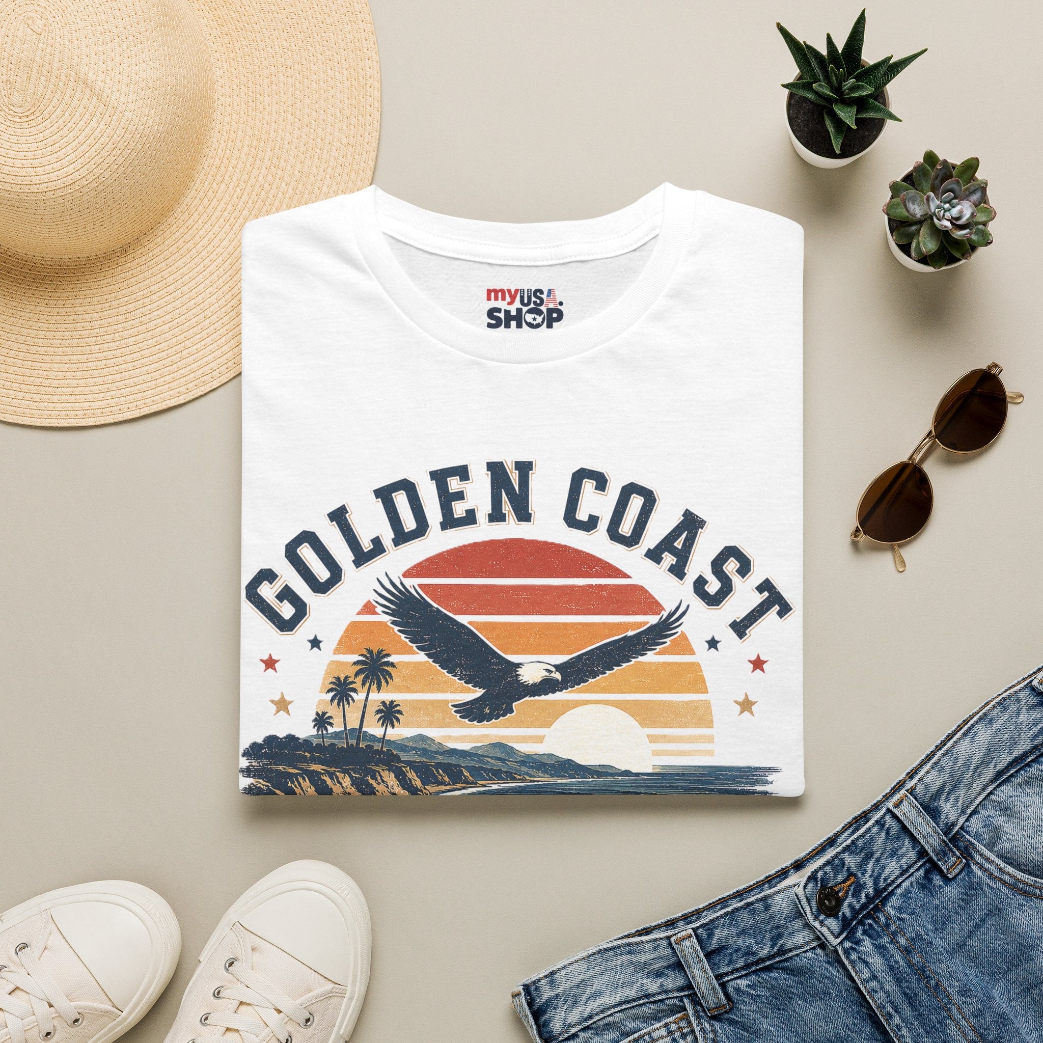 Golden Coast T-Shirt — Retro Sunset Eagle America 250 Beach Tee