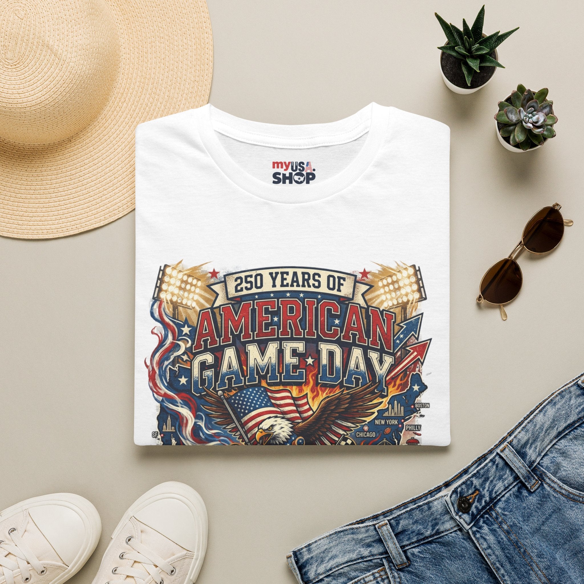 American Game Day T-Shirt — 250 Years USA Football & Baseball Celebration Pop Culture