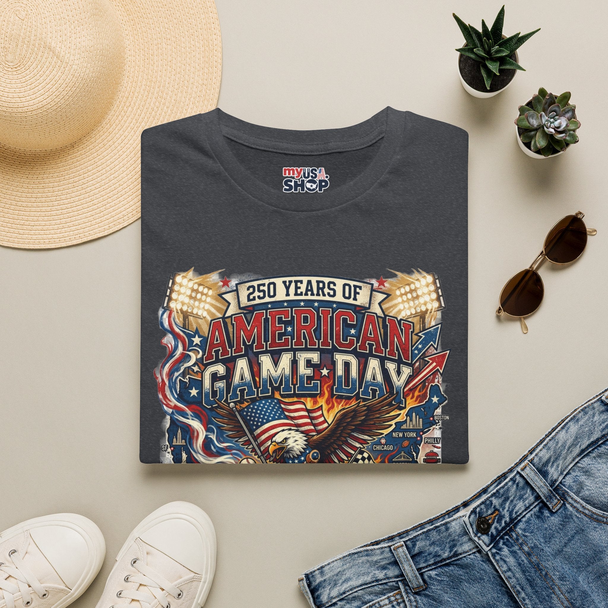 American Game Day T-Shirt — 250 Years USA Football & Baseball Celebration Pop Culture