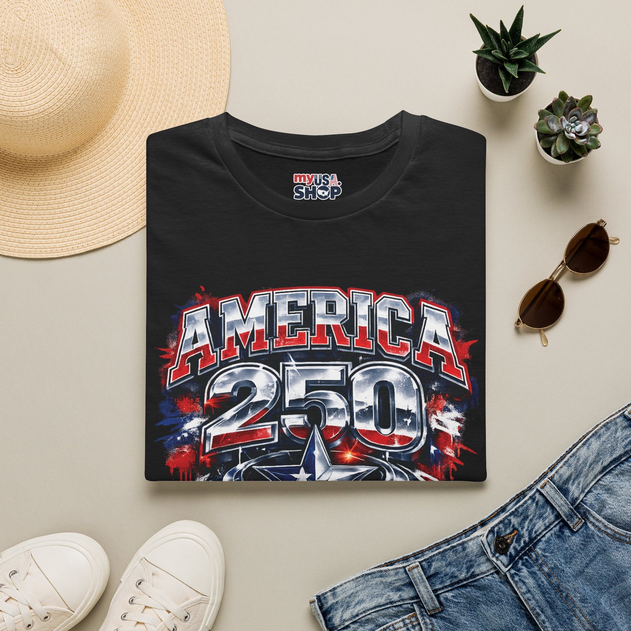 America 250 Texas Shirt — Patriotic Chrome Star Graphic Tee