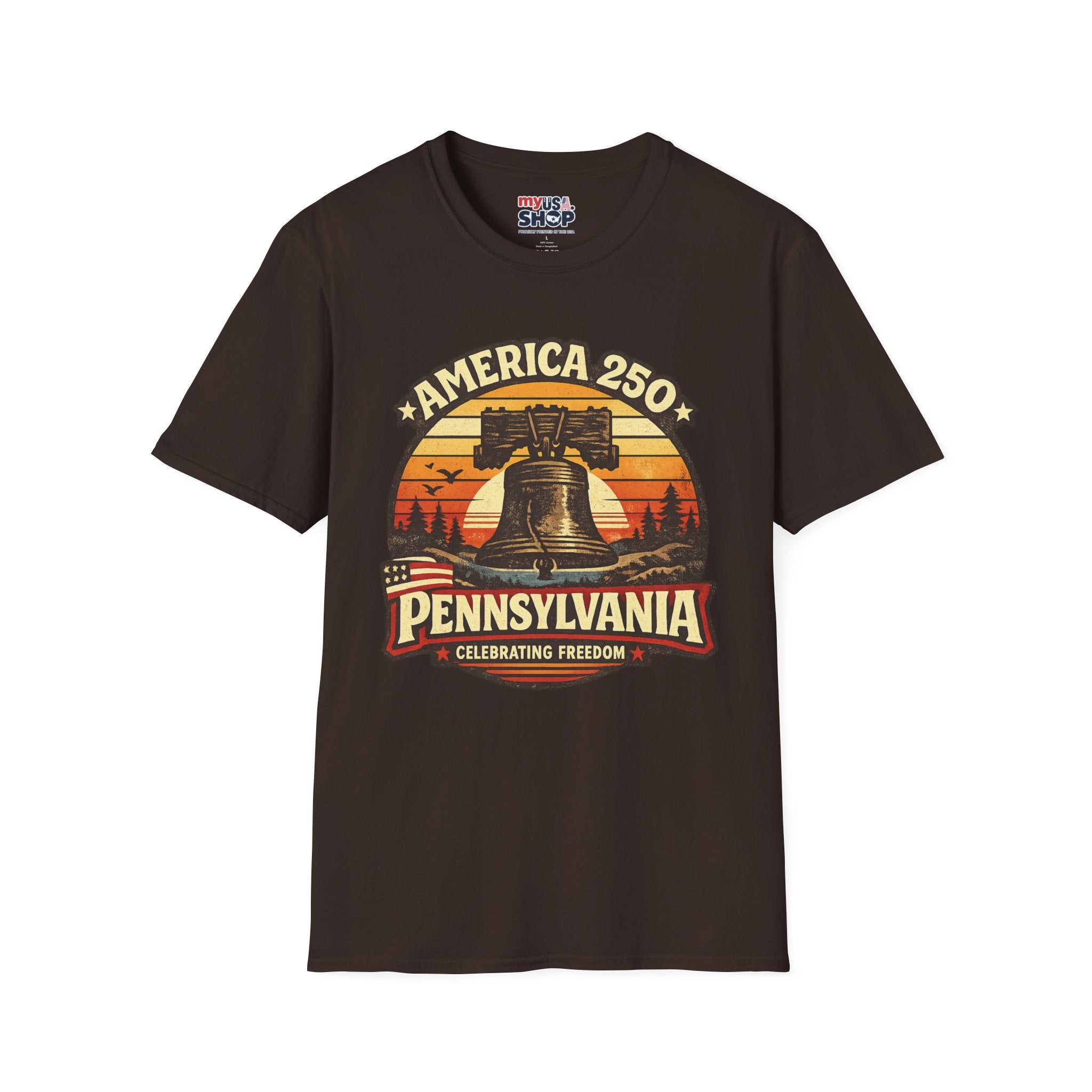 Pennsylvania America 250 Shirt — Retro Sunset Liberty Bell Graphic Tee