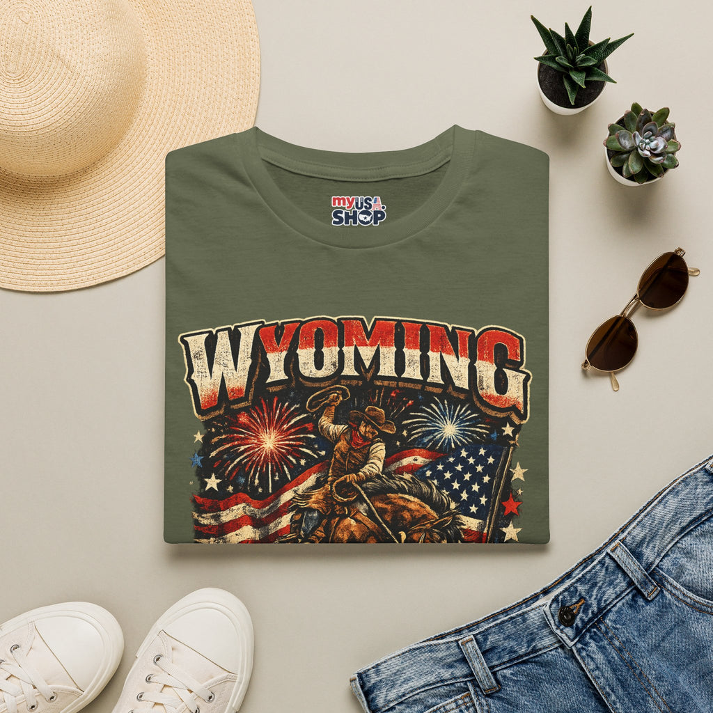 America 250 Freedom Tour T-Shirt — Wyoming Patriotic Rodeo USA Graphic Tee