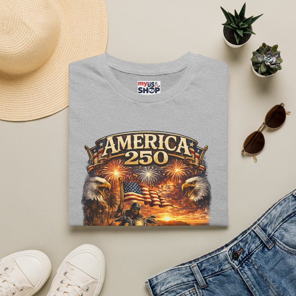 America 250 Celebration T-Shirt — Patriotic Fireworks & Bald Eagle Tee