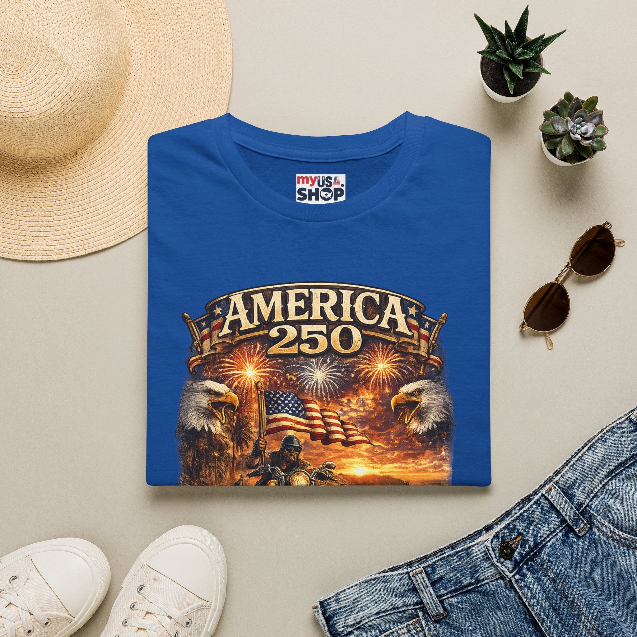 America 250 Celebration T-Shirt — Patriotic Fireworks & Bald Eagle Tee