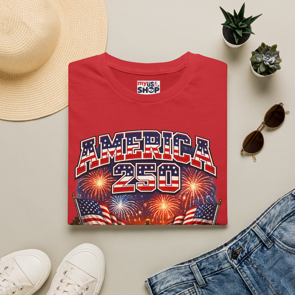 America 250 T-Shirt — Patriotic Fireworks Classic Car Tee for Independence Day