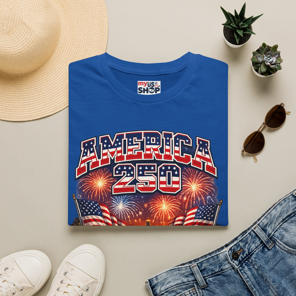 America 250 T-Shirt — Patriotic Fireworks Classic Car Tee for Independence Day