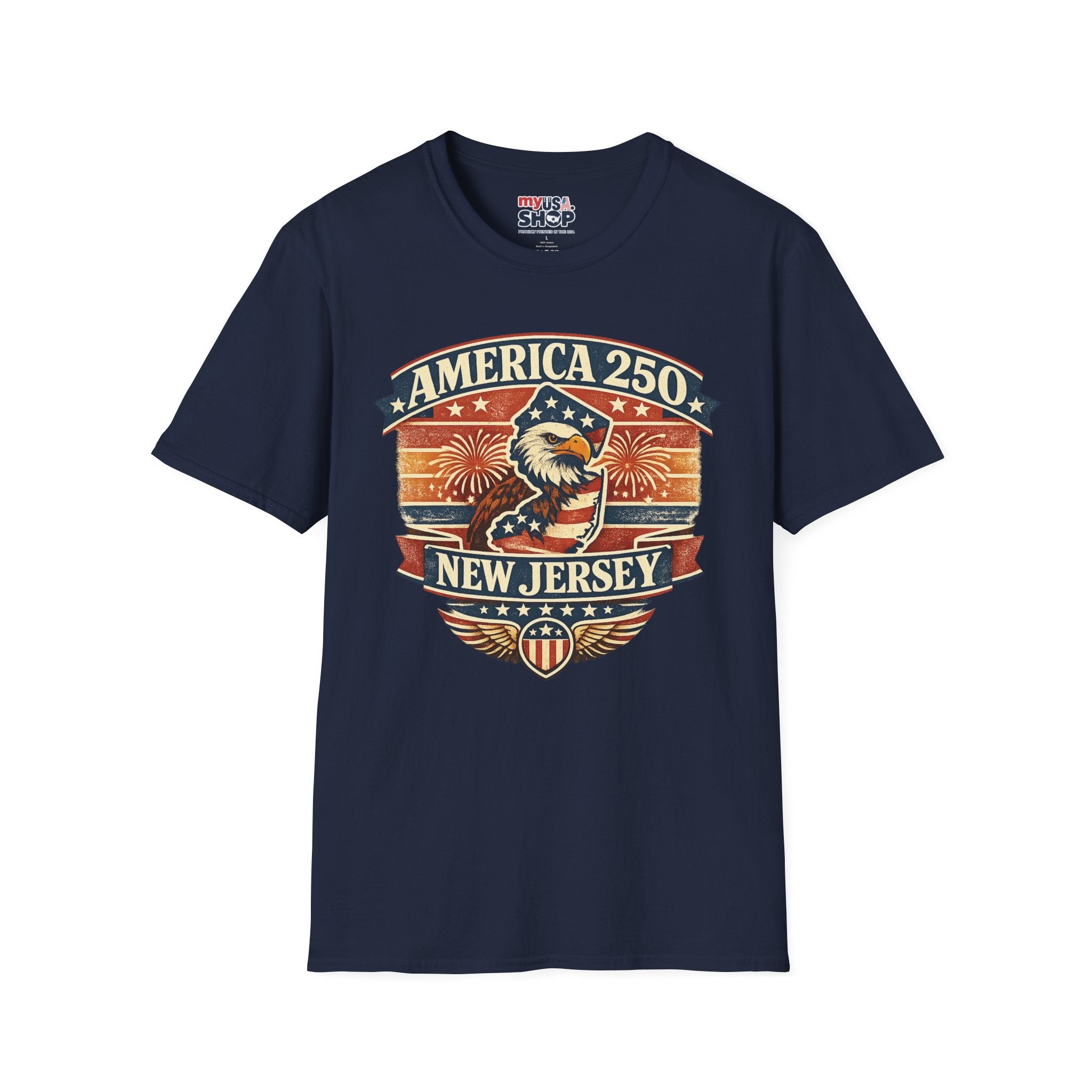 America 250 New Jersey T‑Shirt — Patriotic Bald Eagle & Fireworks Tee