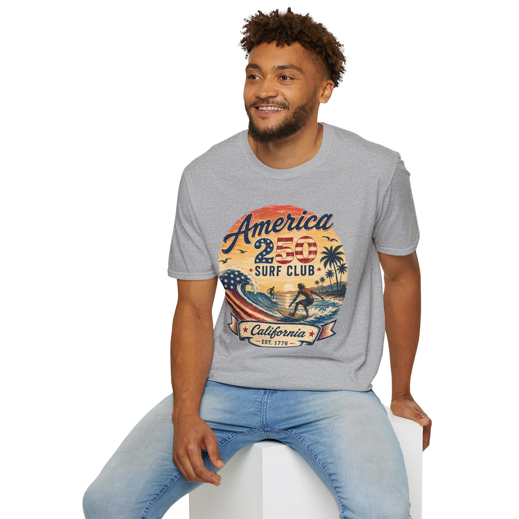 America 250 Surf Club T-Shirt — Patriotic California Surf Vintage Tee
