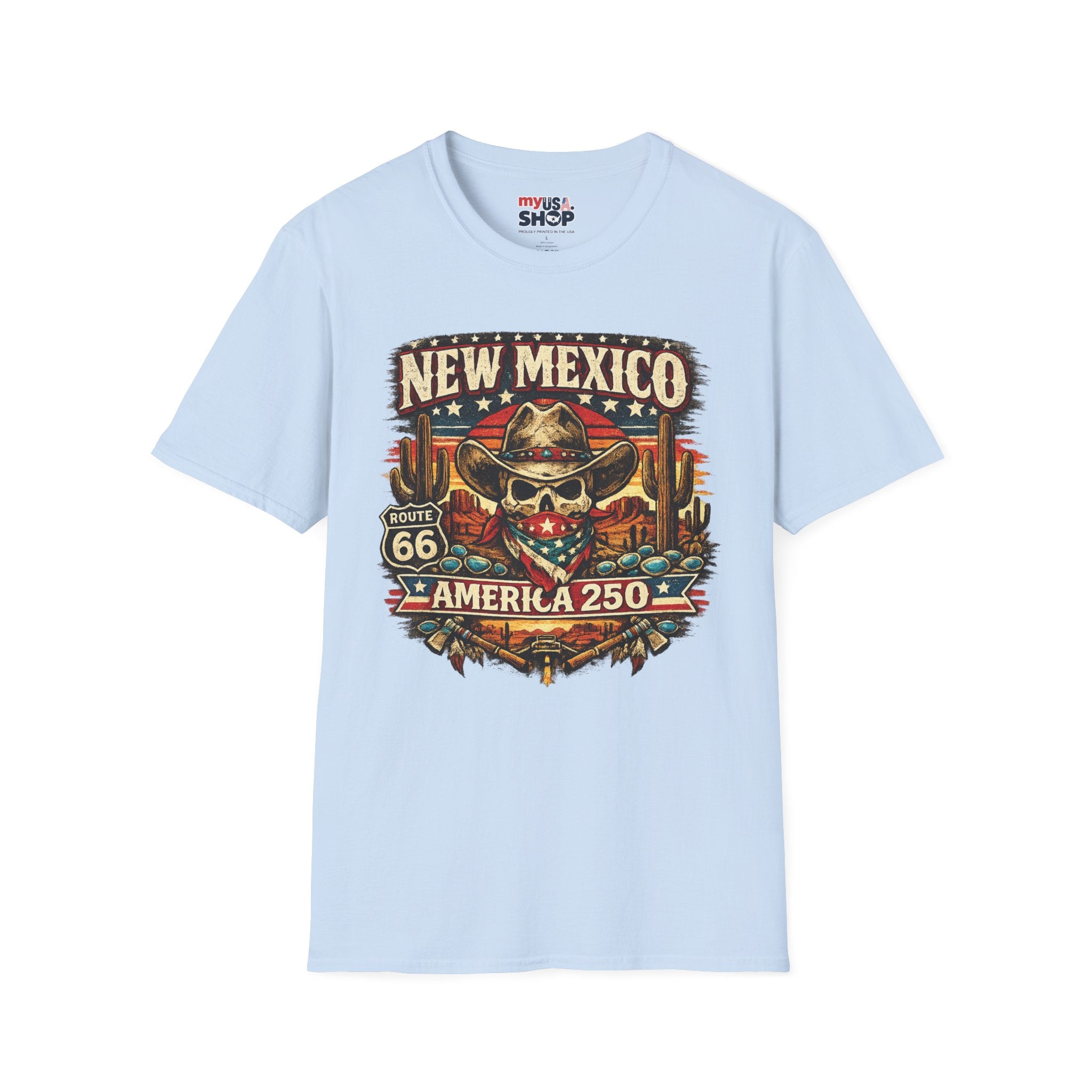 America 250 New Mexico Skull Cowboy T-Shirt — Route 66 Americana Desert Tee