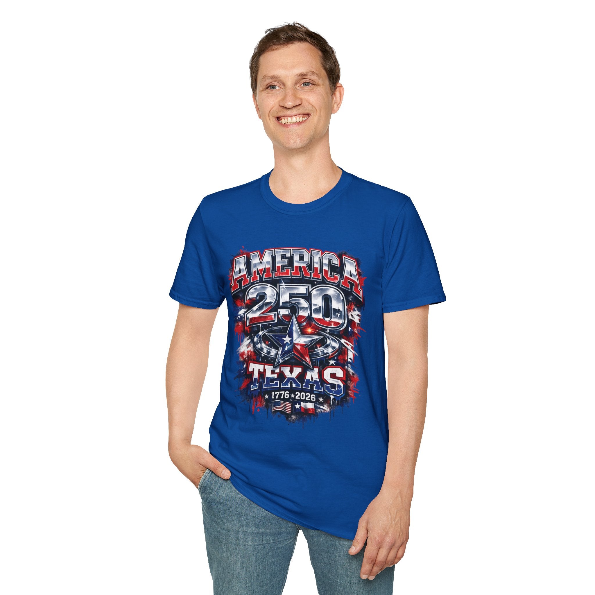 America 250 Texas Shirt — Patriotic Chrome Star Graphic Tee