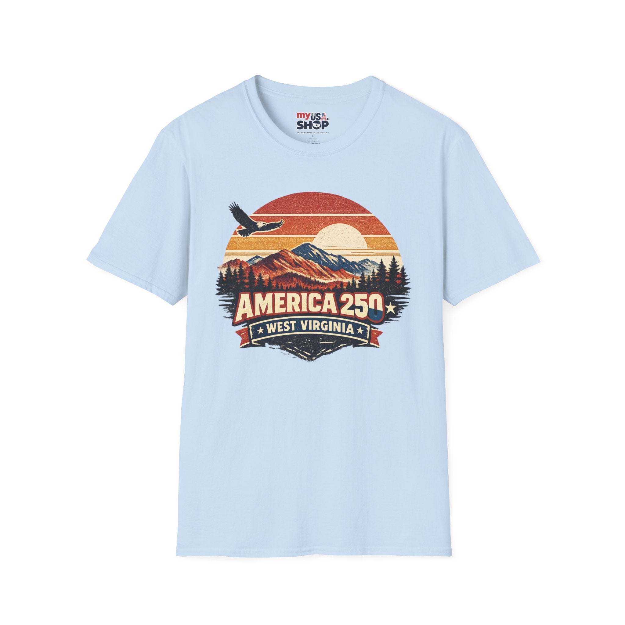 America 250 Retro Sunrise T-Shirt — West Virginia Scenic Eagle Design