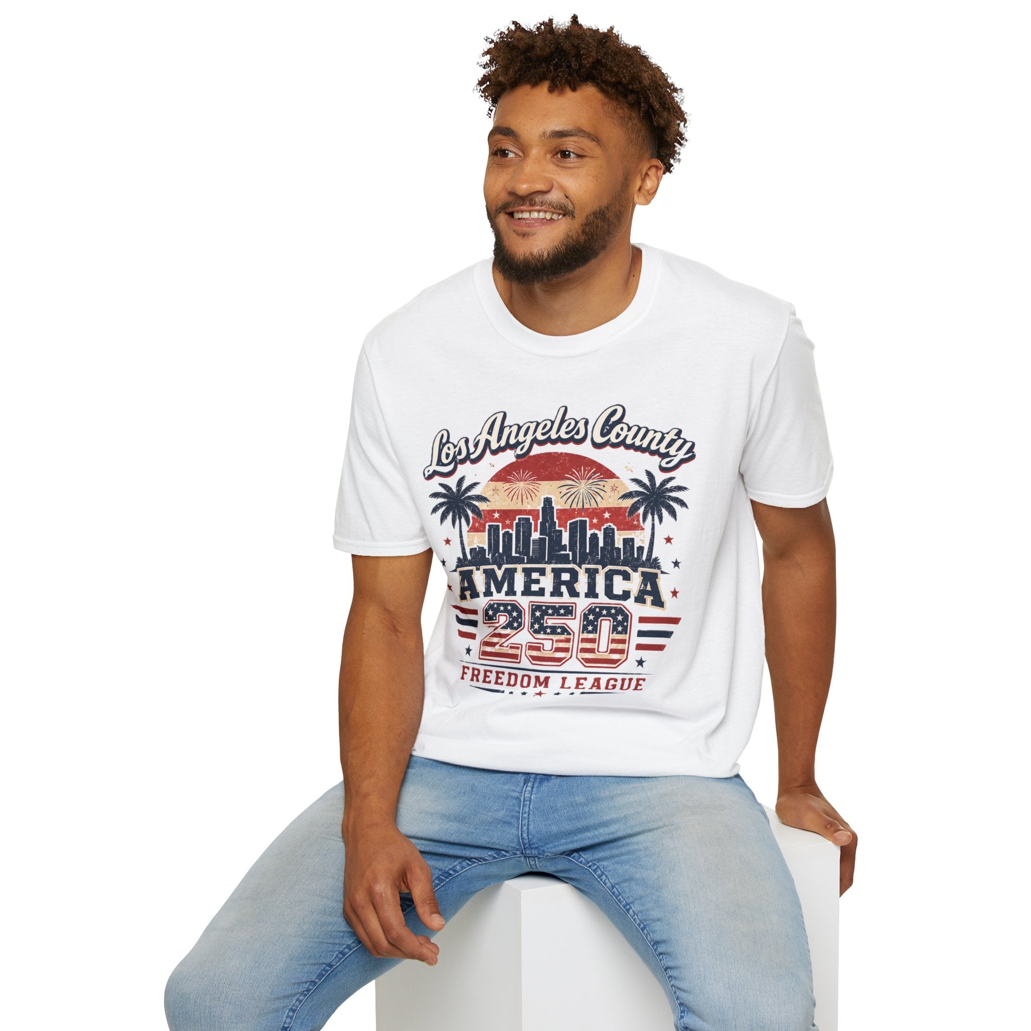 Los Angeles County Skyline T-Shirt — Vintage American 250 Fireworks Design