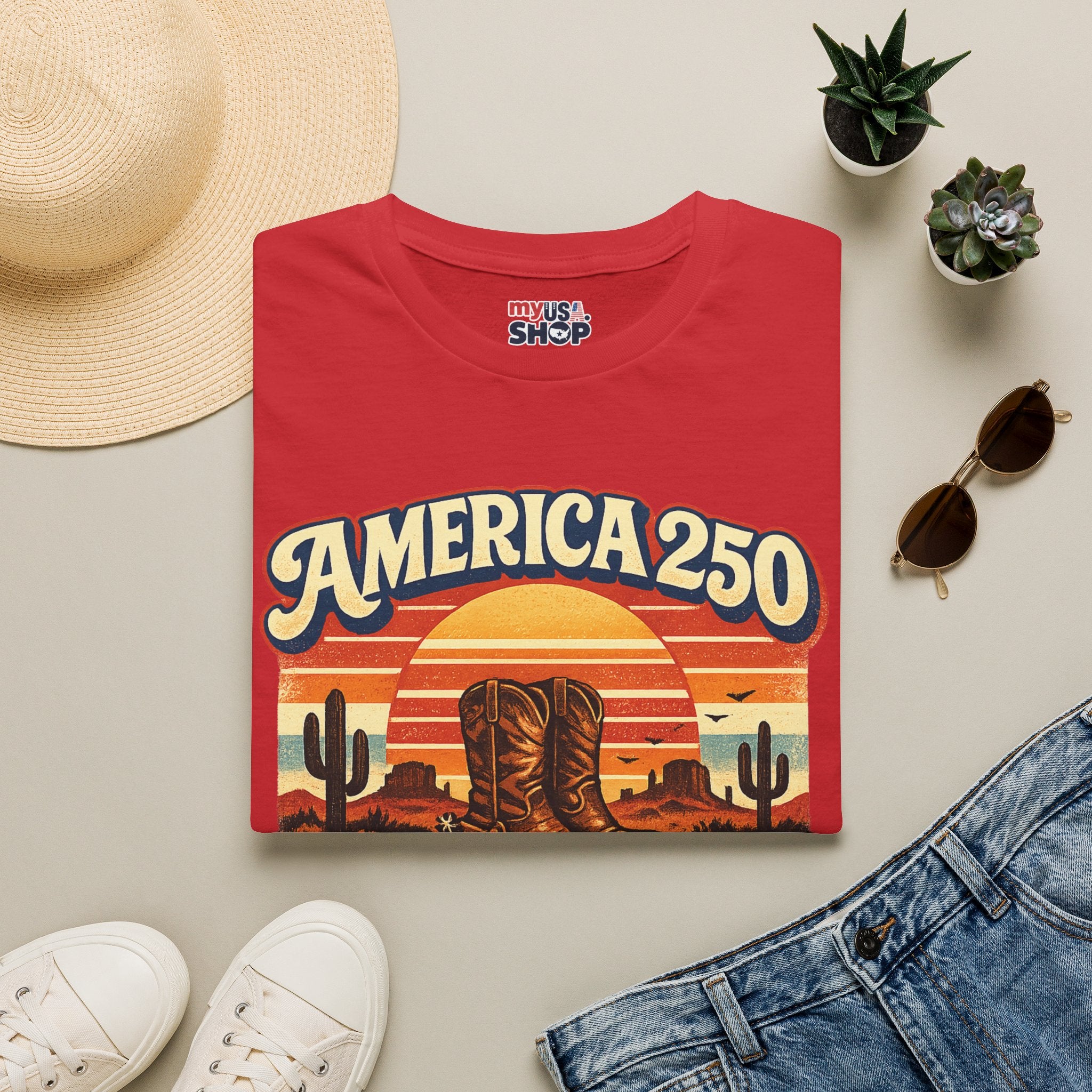 America 250 Texas T-Shirt — 1776–2026 Retro Cowboy Boots Sunset Design