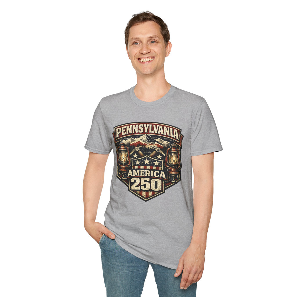 Pennsylvania America 250 Shirt — Rustic Mountain Miner Badge Graphic Tee