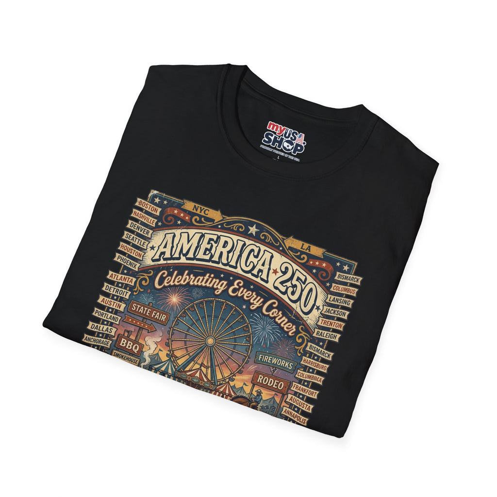 America 250 Celebration T-Shirt — Vintage Fair Ferris Wheel Patriotic Tee Pop Culture